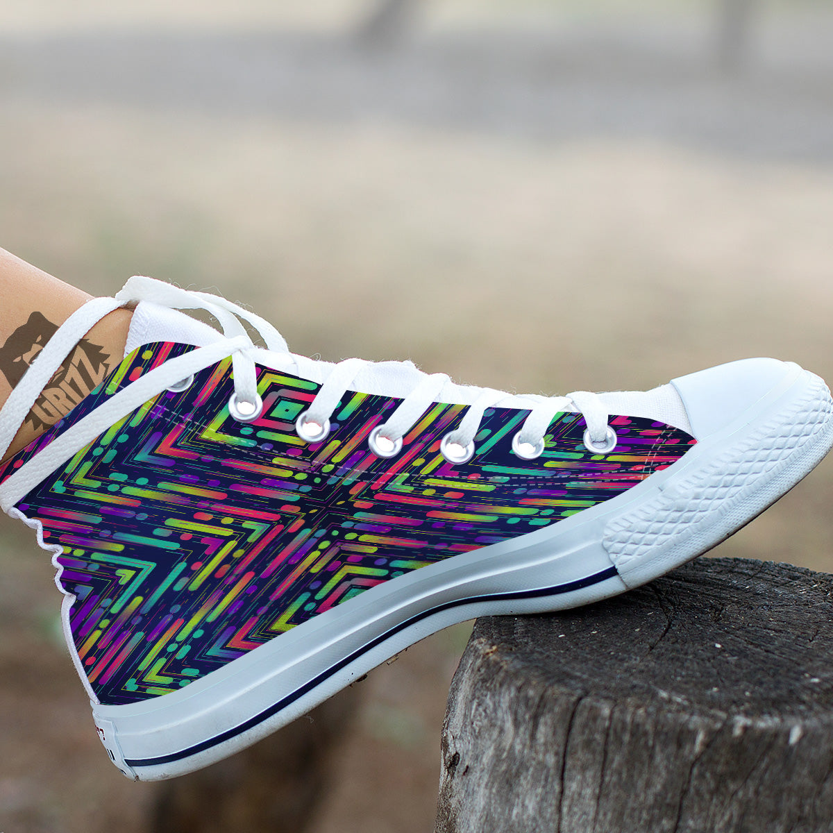 Abstract Neon Colorful Stripes Print Pattern White High Top Shoes-grizzshop
