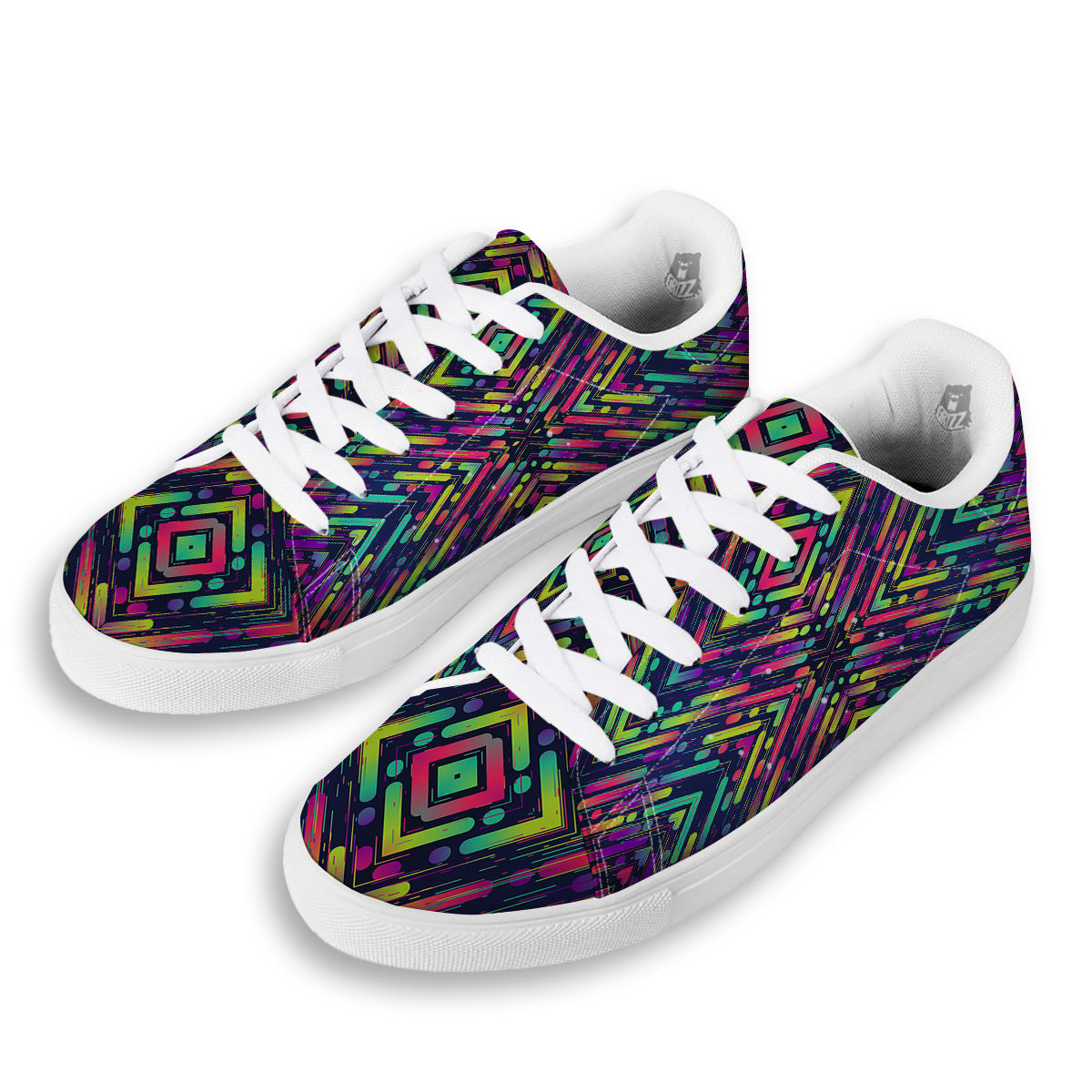 Abstract Neon Colorful Stripes Print Pattern White Low Top Sneakers-grizzshop