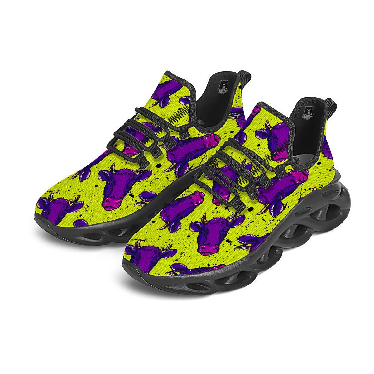 Abstract Neon Cow Print Black Running Shoes-grizzshop