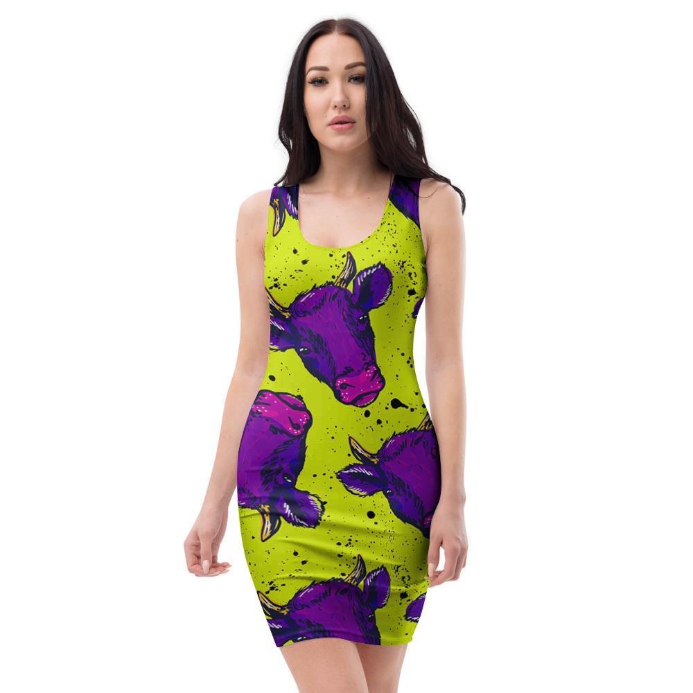 Abstract Neon Cow Print Bodycon Dress-grizzshop