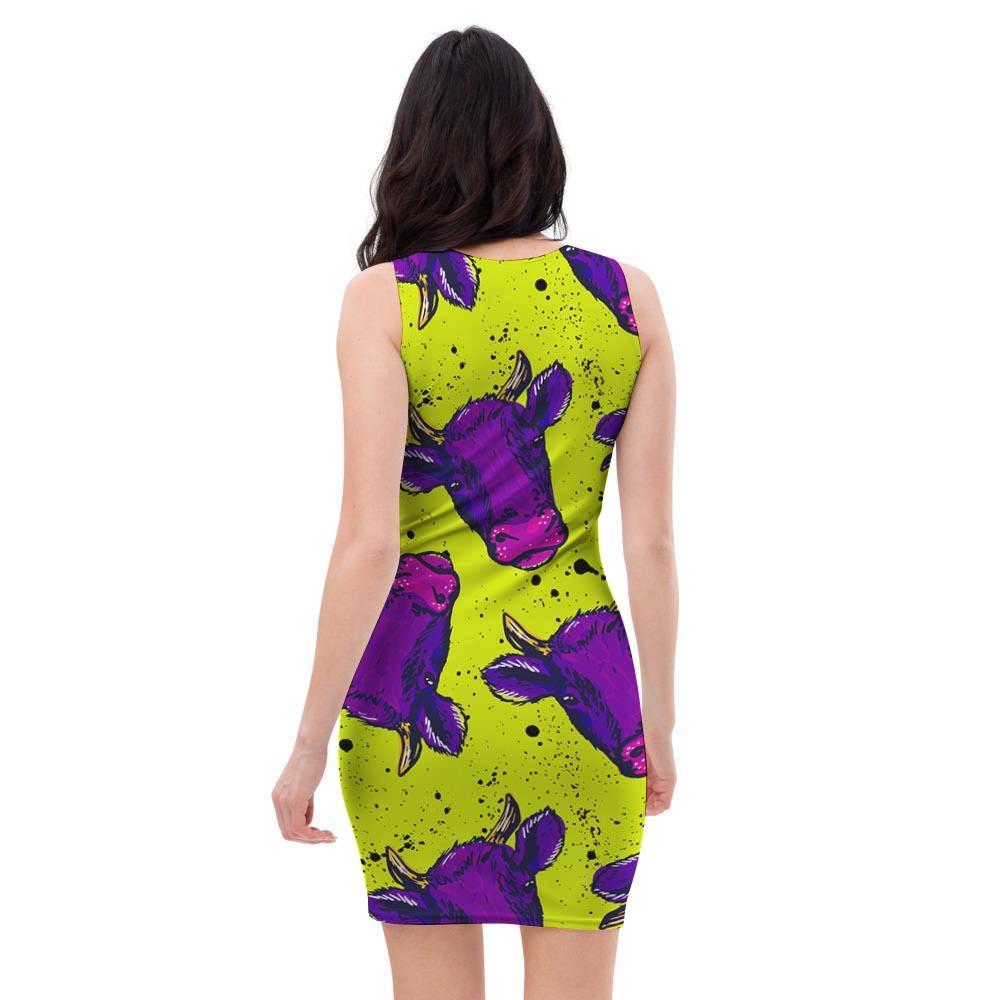 Abstract Neon Cow Print Bodycon Dress-grizzshop