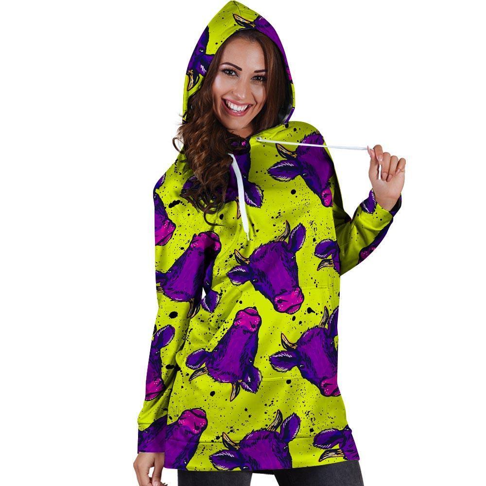 Abstract Neon Cow Print Hoodie Dress-grizzshop