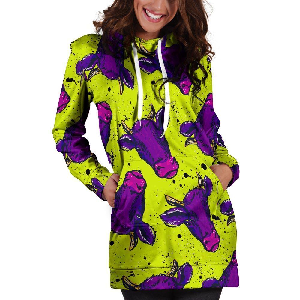Abstract Neon Cow Print Hoodie Dress-grizzshop