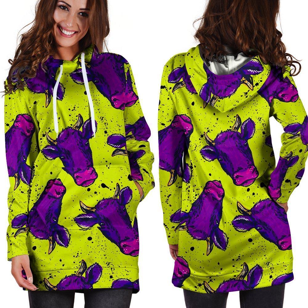 Abstract Neon Cow Print Hoodie Dress-grizzshop