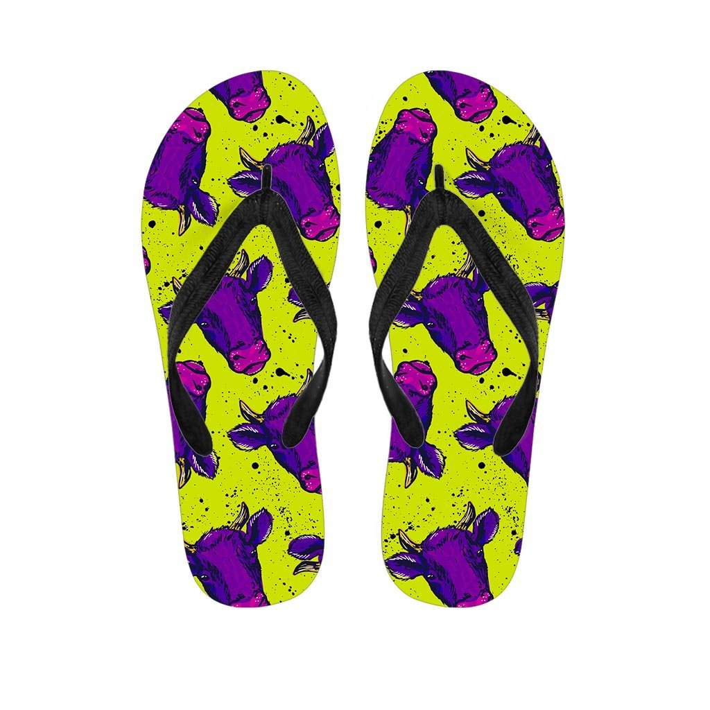 Abstract Neon Cow Print Men's Flip Flops-grizzshop