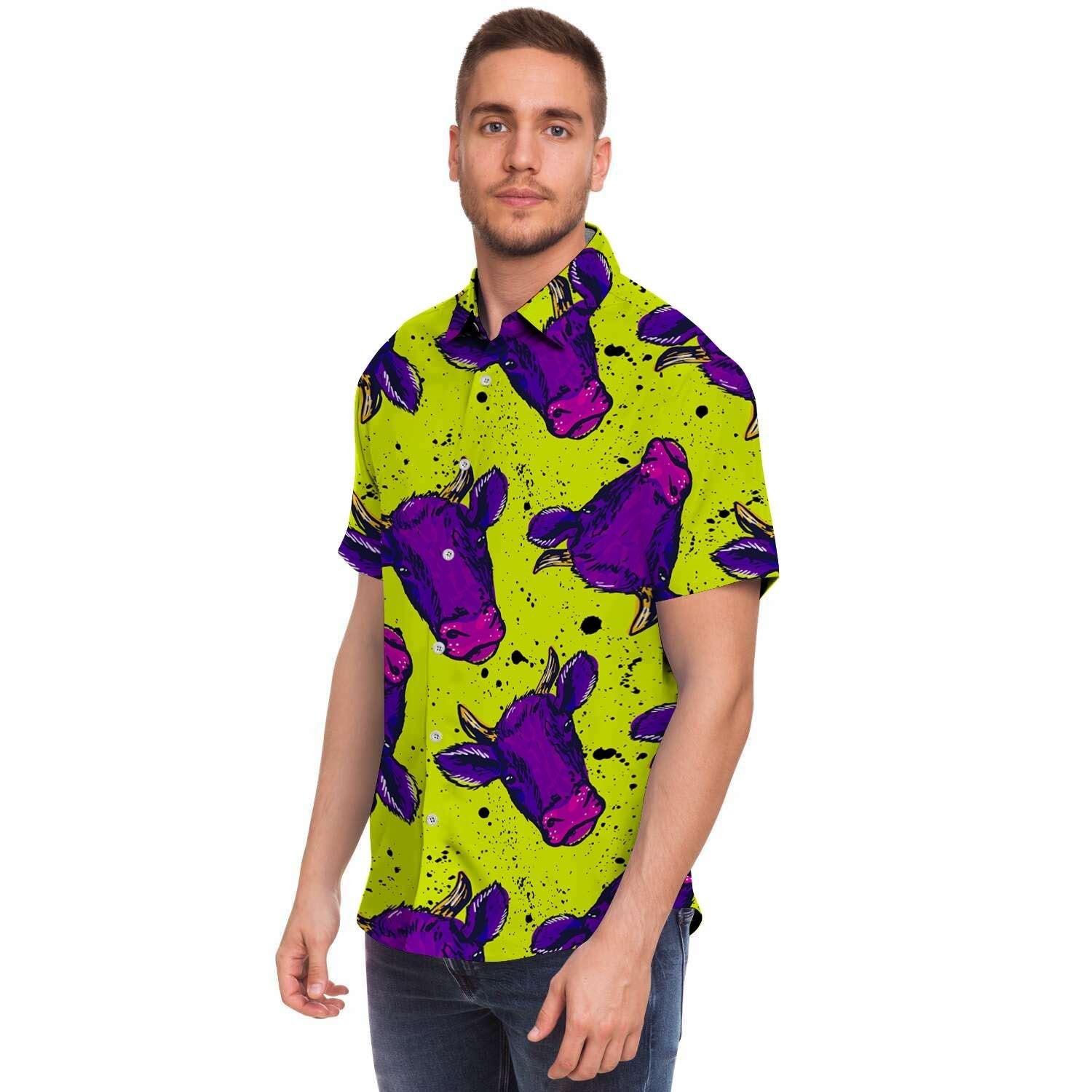 Abstract Neon Cow Print Men's Short Sleeve Shirt-grizzshop