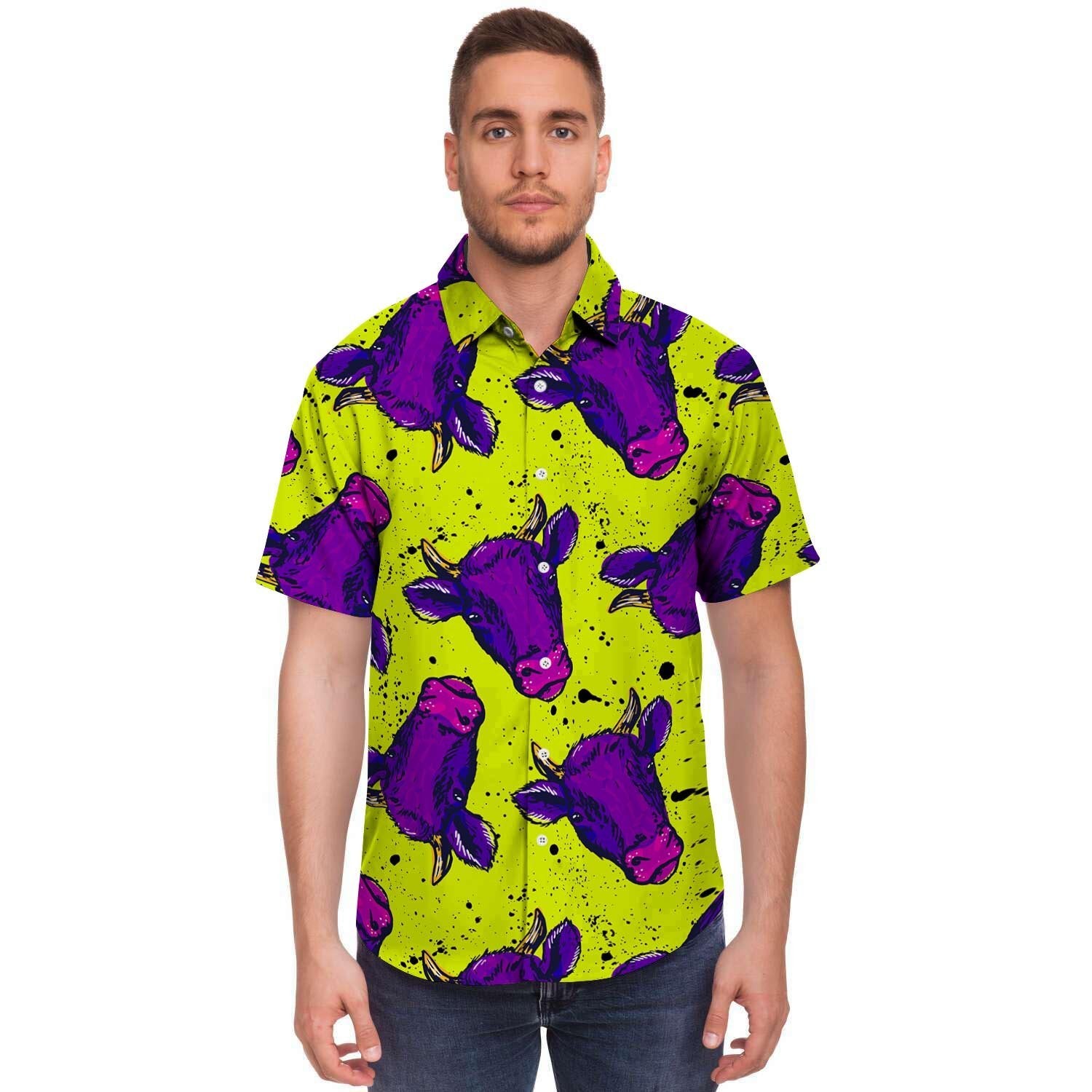 Abstract Neon Cow Print Men's Short Sleeve Shirt-grizzshop