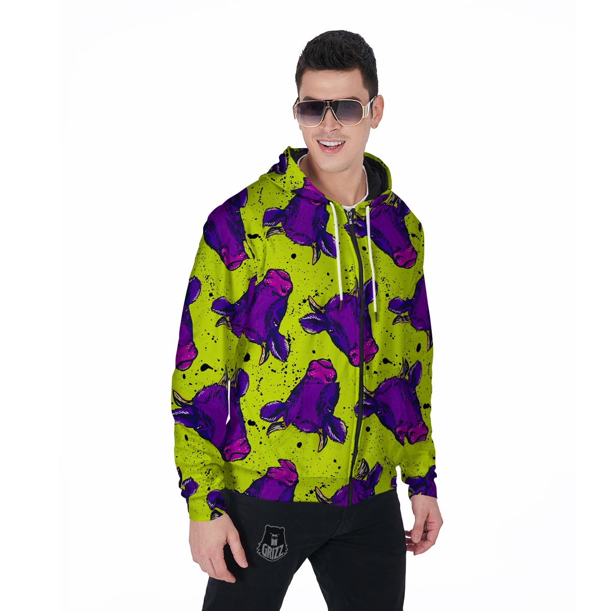 Abstract Neon Cow Print Men's Zip Up Hoodie-grizzshop