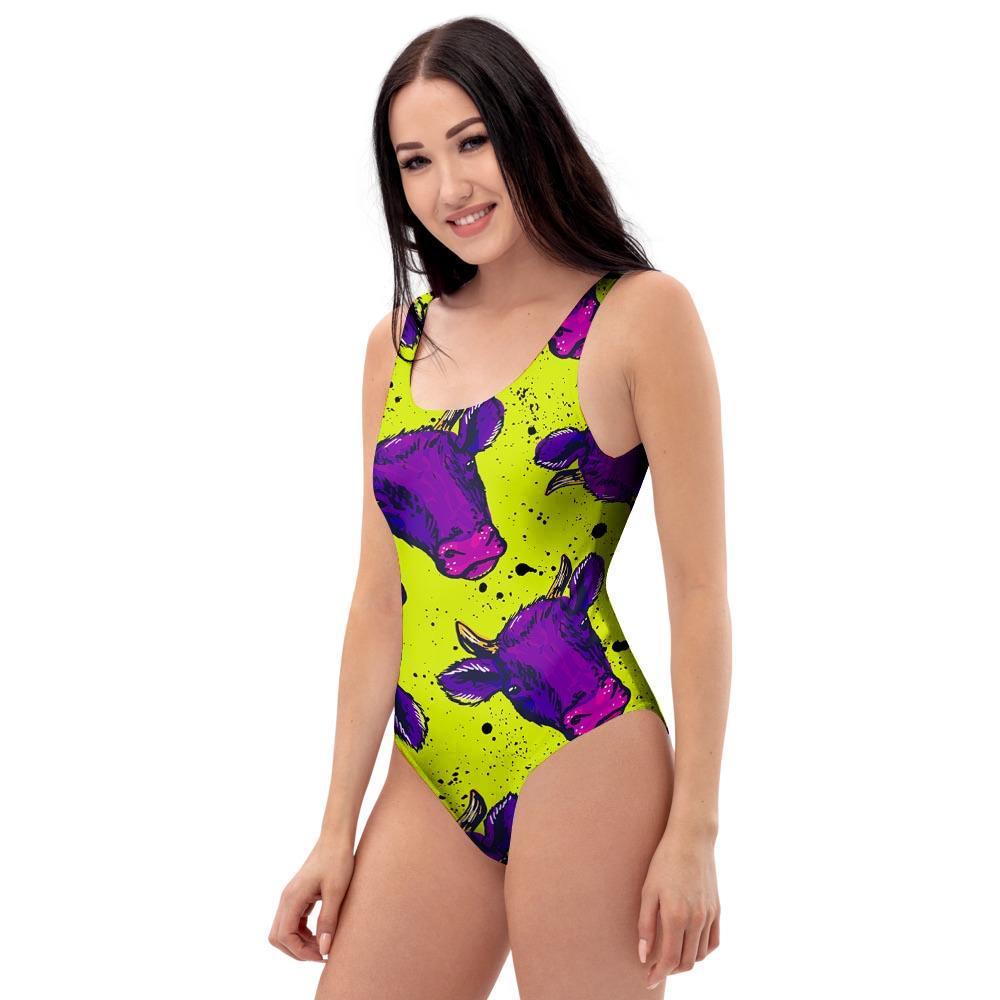 Abstract Neon Cow Print One Piece Swimsuite-grizzshop