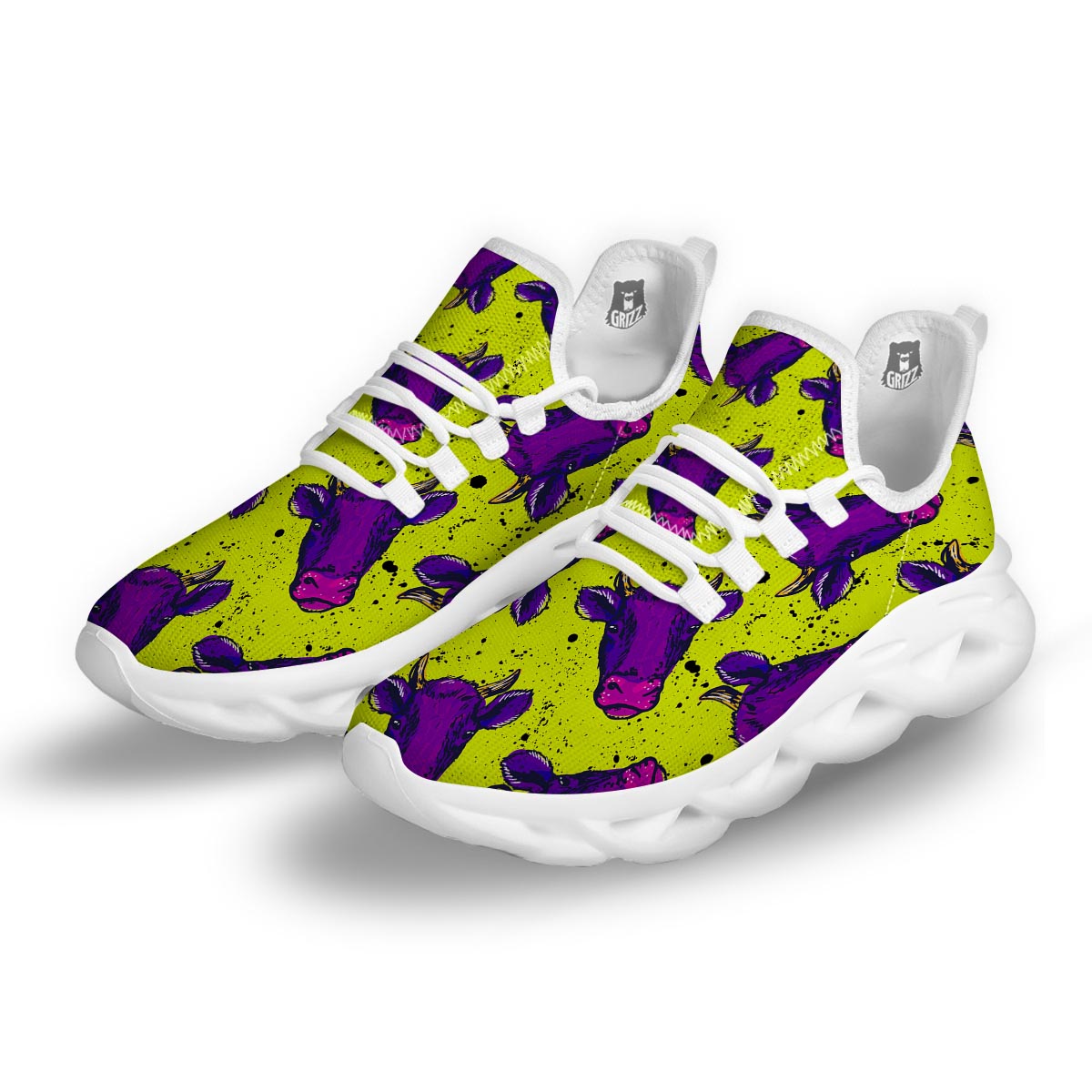 Abstract Neon Cow Print White Running Shoes-grizzshop