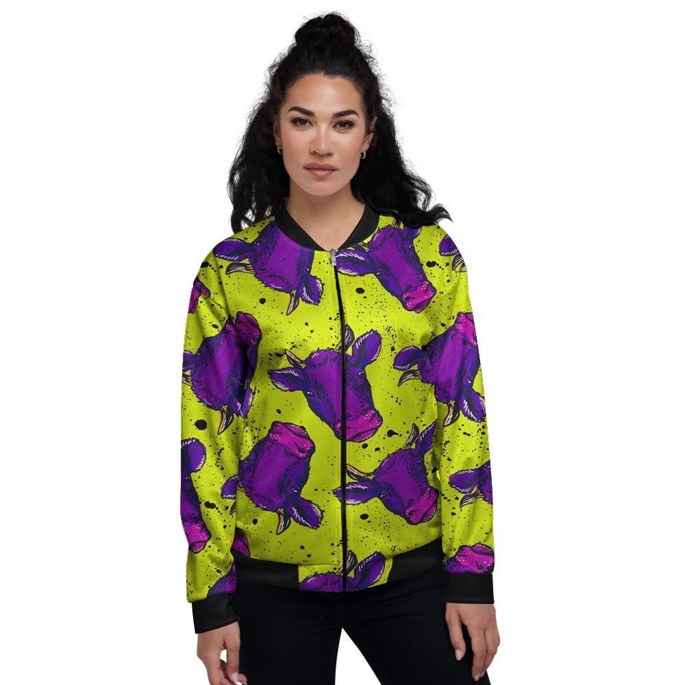 Abstract Neon Cow Print Women's Bomber Jacket-grizzshop