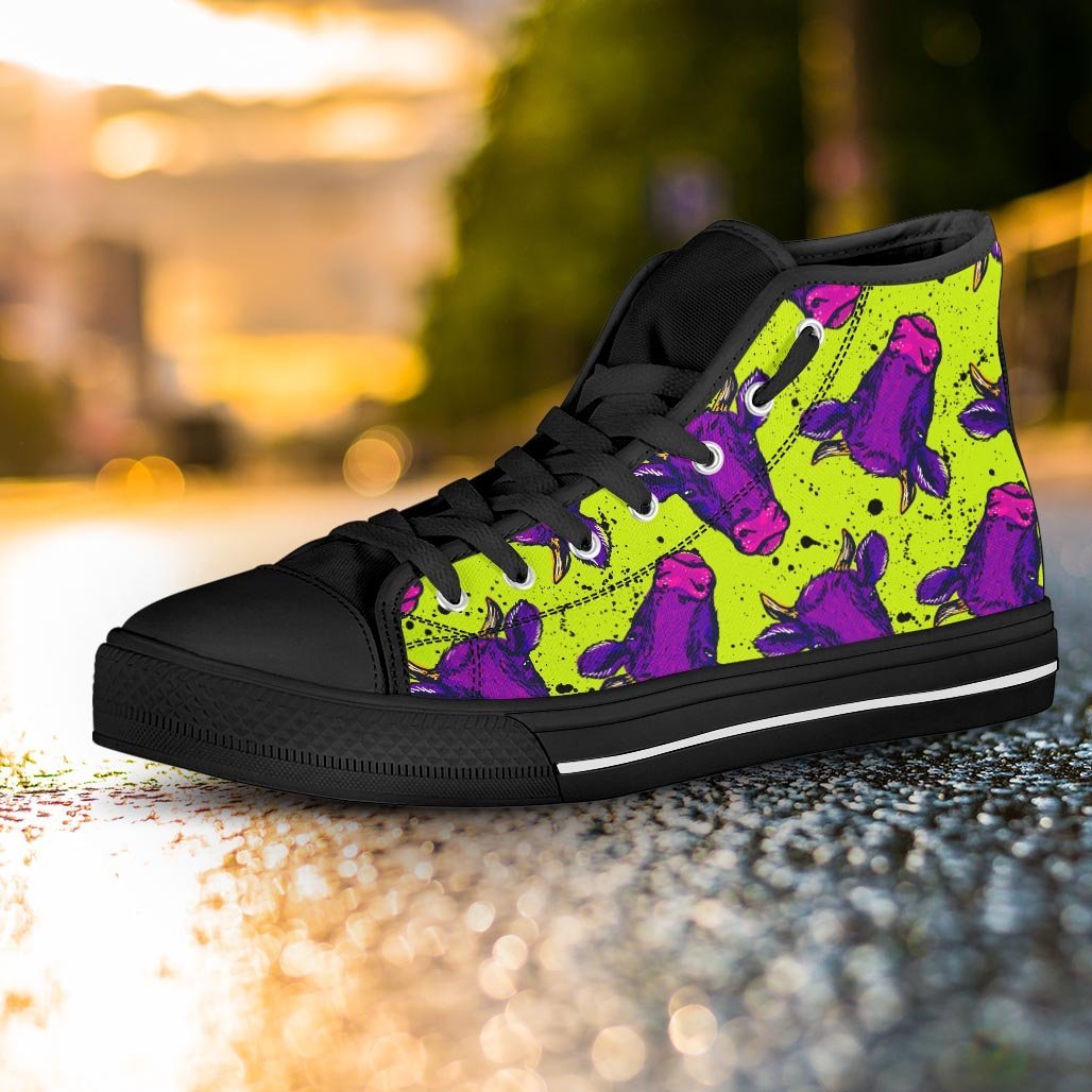 Abstract Neon Cow Print Women's High Top Shoes-grizzshop