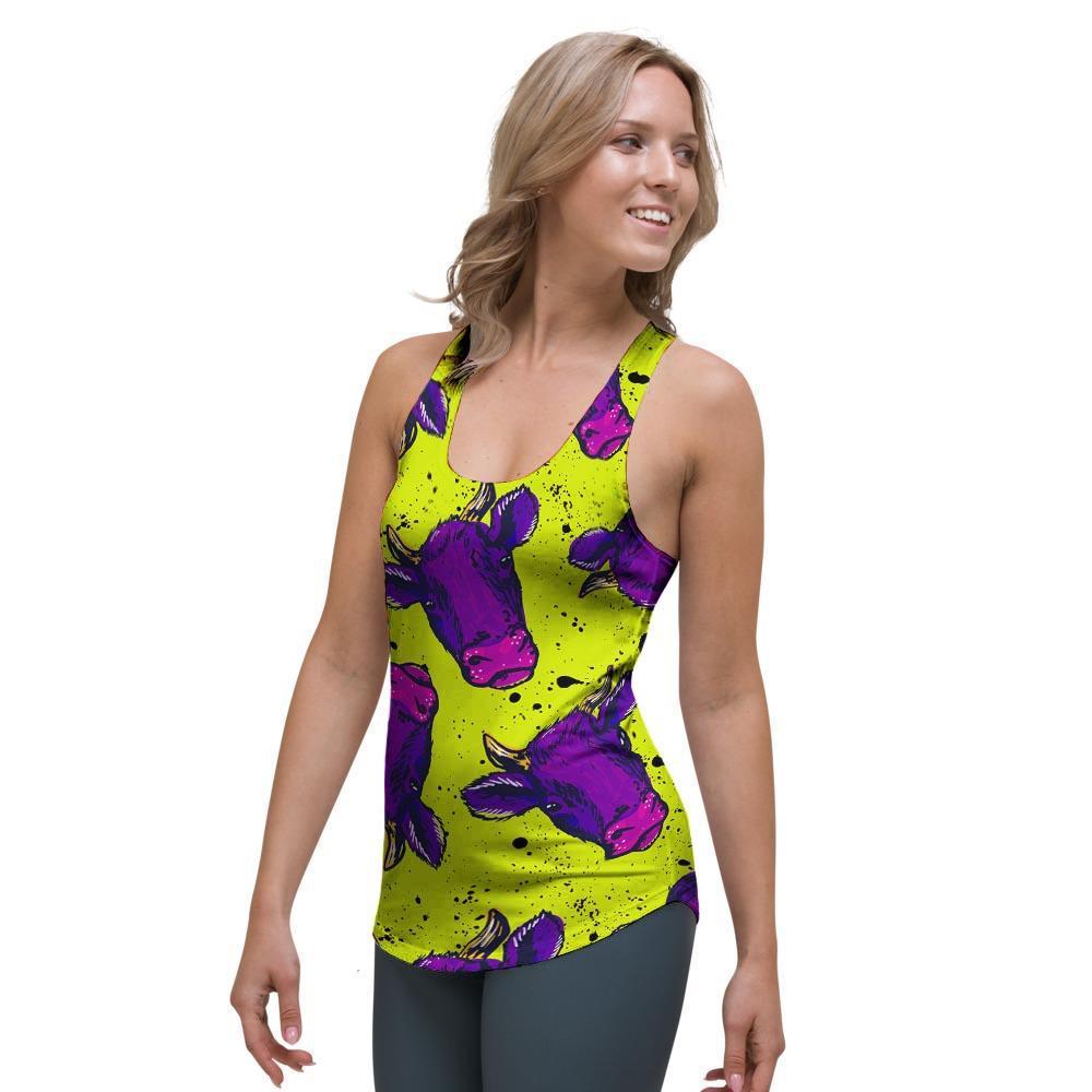 Abstract Neon Cow Print Women's Racerback Tank Top-grizzshop