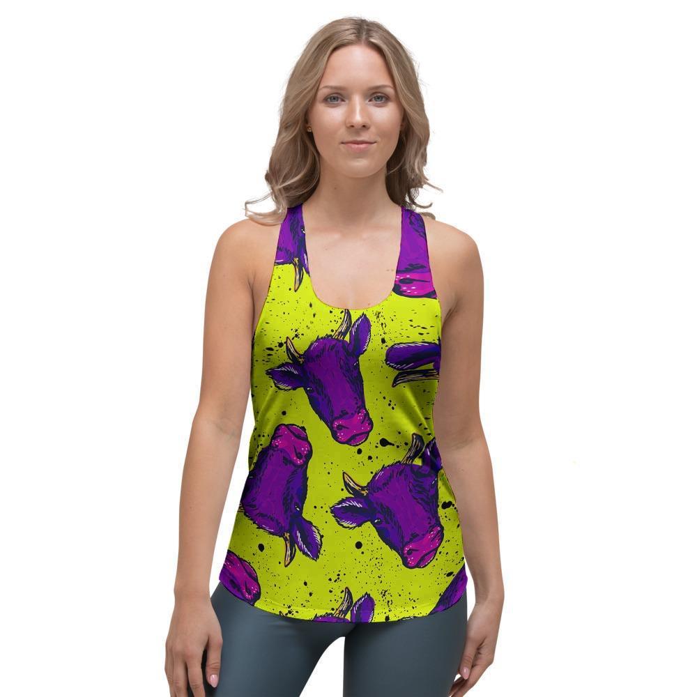 Abstract Neon Cow Print Women's Racerback Tank Top-grizzshop