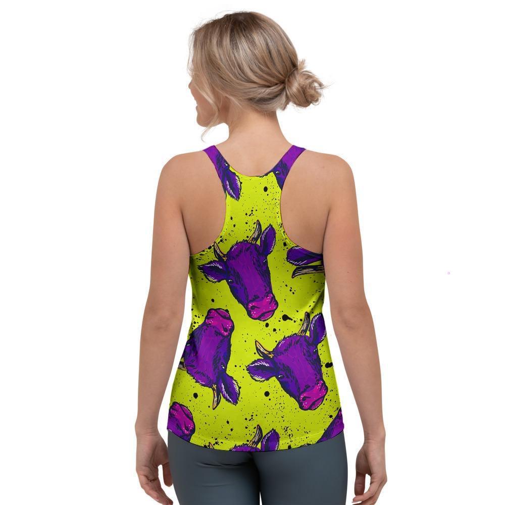 Abstract Neon Cow Print Women's Racerback Tank Top-grizzshop