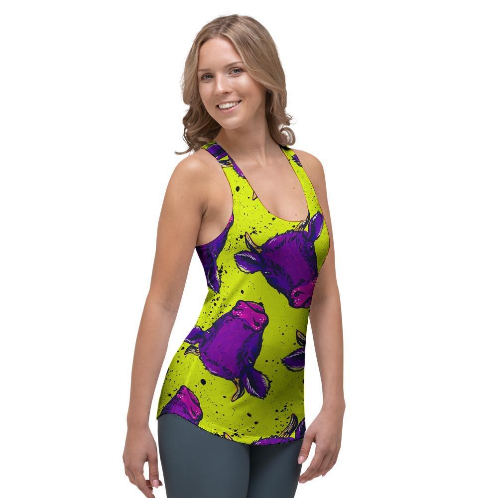 Abstract Neon Cow Print Women's Racerback Tank Top-grizzshop