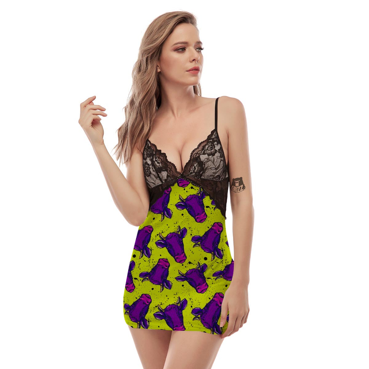 Abstract Neon Cow Print Women's Sexy Night Dress-grizzshop