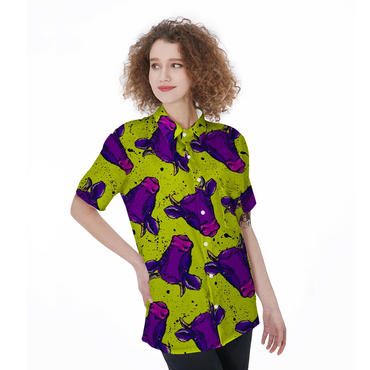 Abstract Neon Cow Print Women's Short Sleeve Shirts-grizzshop