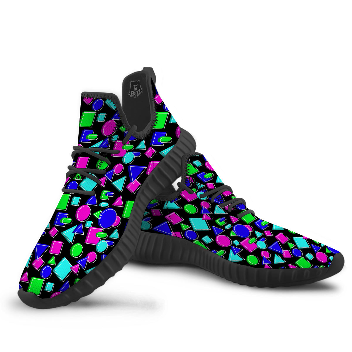 Abstract Neon Geometric Print Pattern Black Walking Shoes-grizzshop