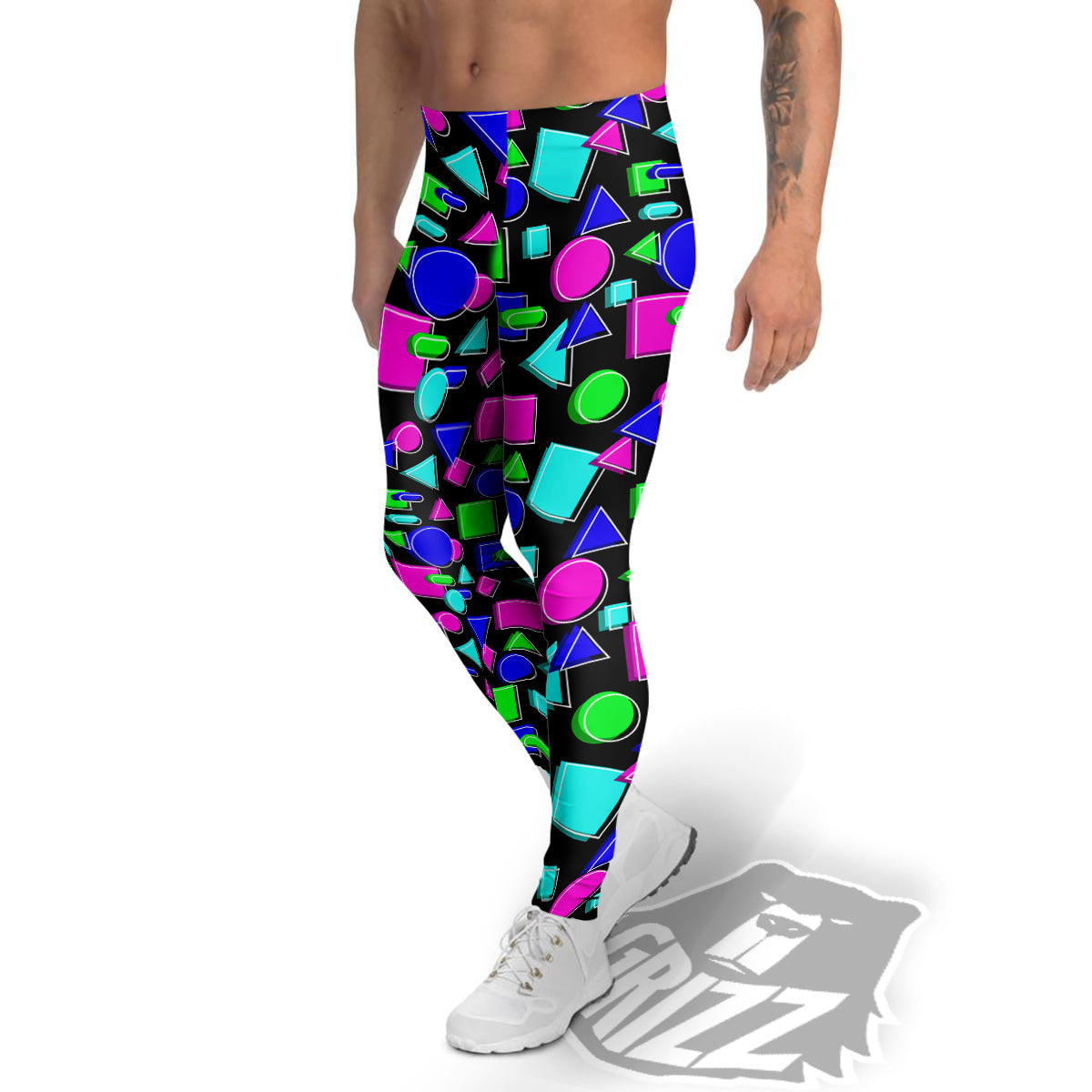 Abstract Neon Geometric Print Pattern Men's Leggings-grizzshop