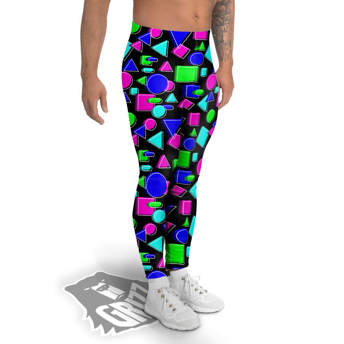 Abstract Neon Geometric Print Pattern Men's Leggings-grizzshop