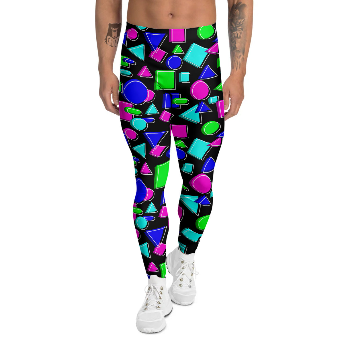 Abstract Neon Geometric Print Pattern Men's Leggings-grizzshop