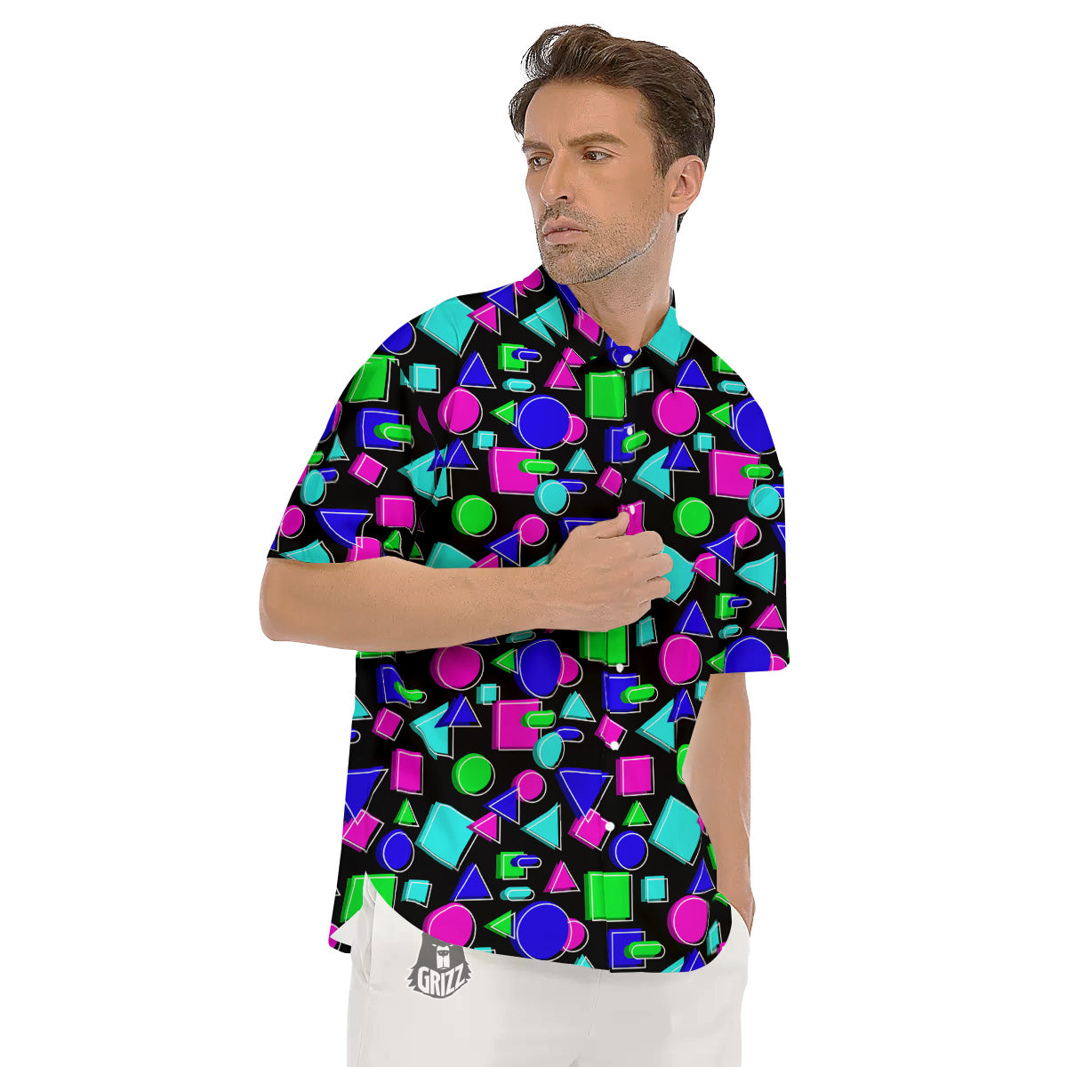 Abstract Neon Geometric Print Pattern Men's Short Sleeve Shirts-grizzshop