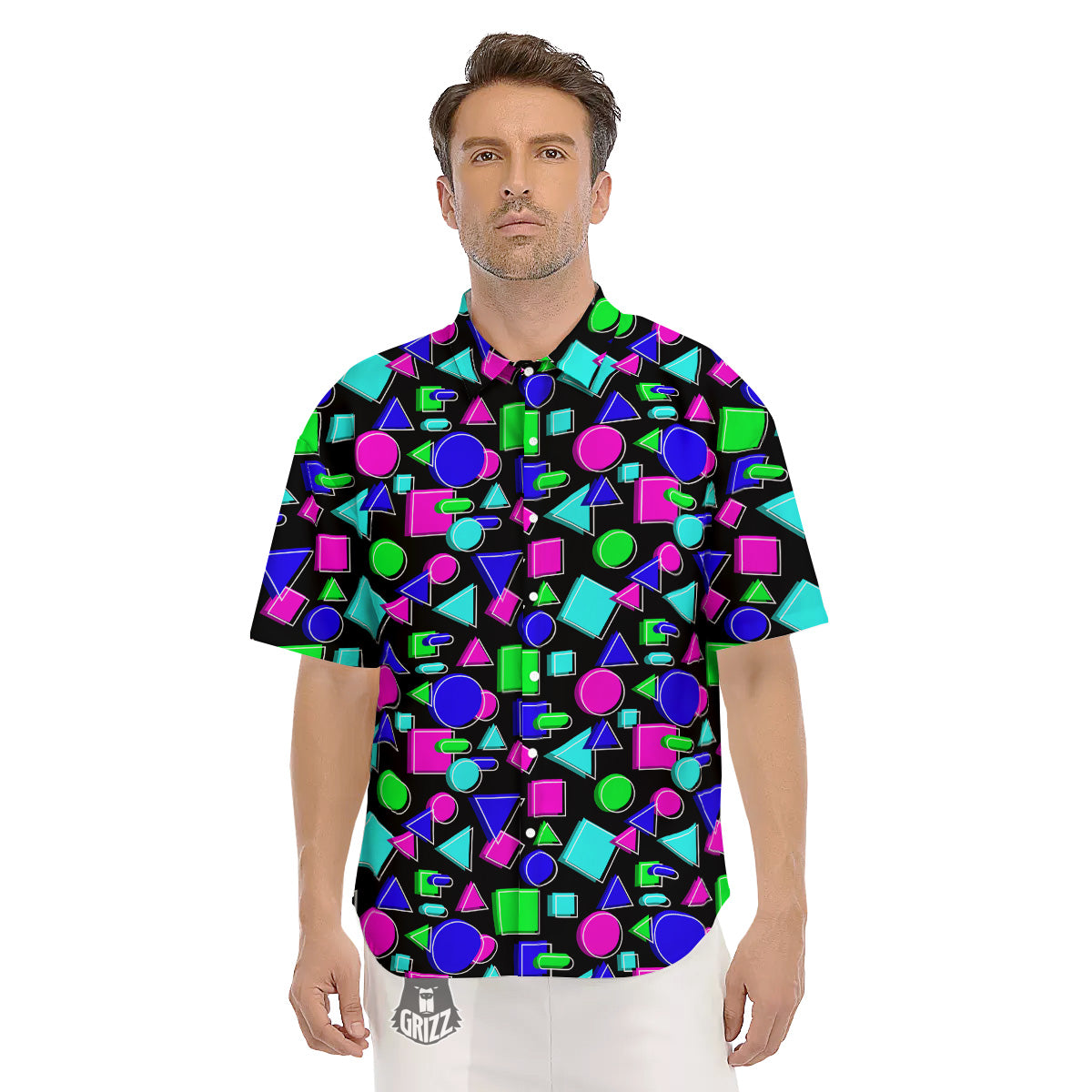 Abstract Neon Geometric Print Pattern Men's Short Sleeve Shirts-grizzshop