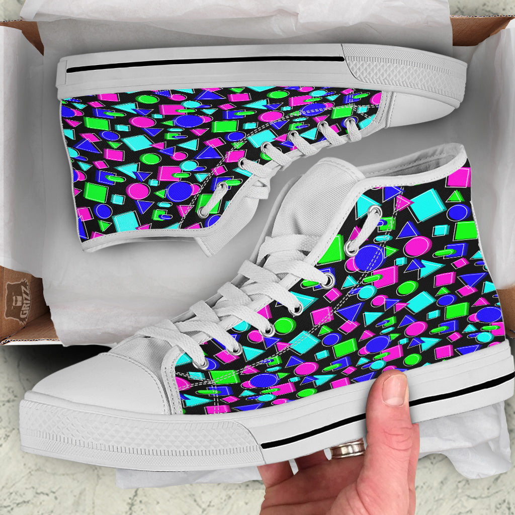 Abstract Neon Geometric Print Pattern White High Top Shoes-grizzshop
