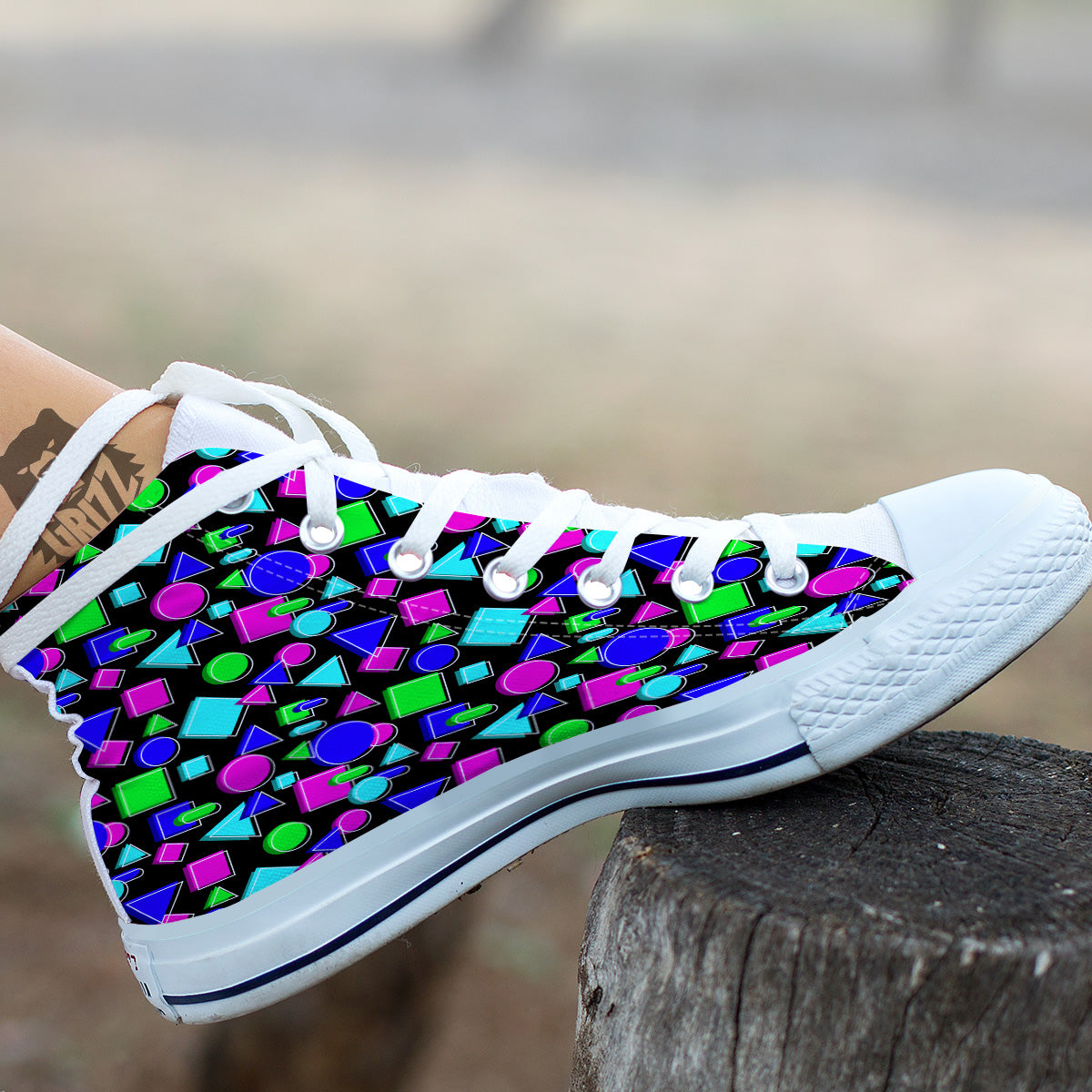 Abstract Neon Geometric Print Pattern White High Top Shoes-grizzshop