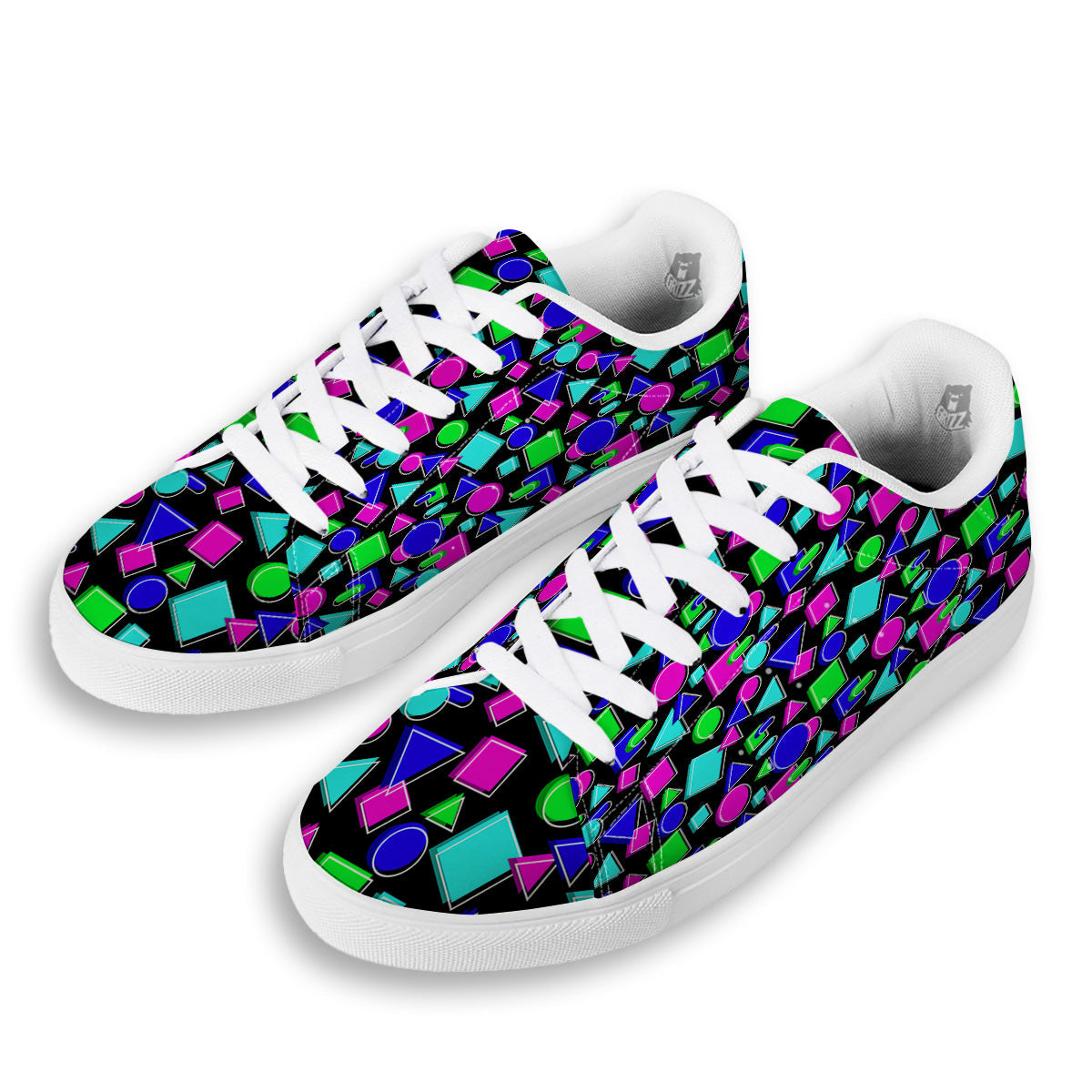 Abstract Neon Geometric Print Pattern White Low Top Sneakers-grizzshop