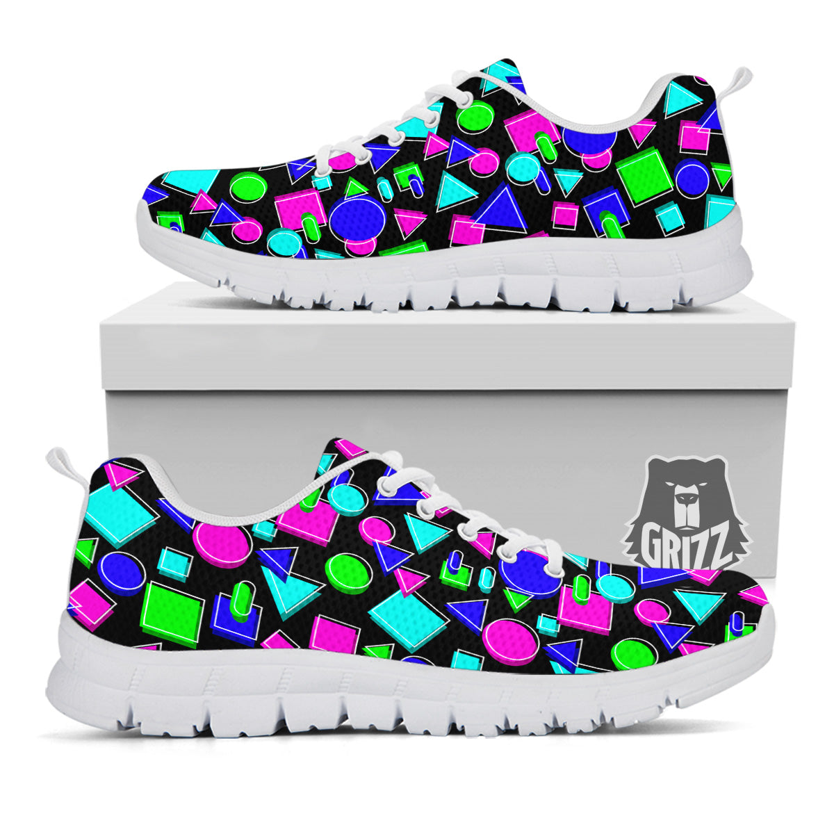 Abstract Neon Geometric Print Pattern White Sneaker-grizzshop