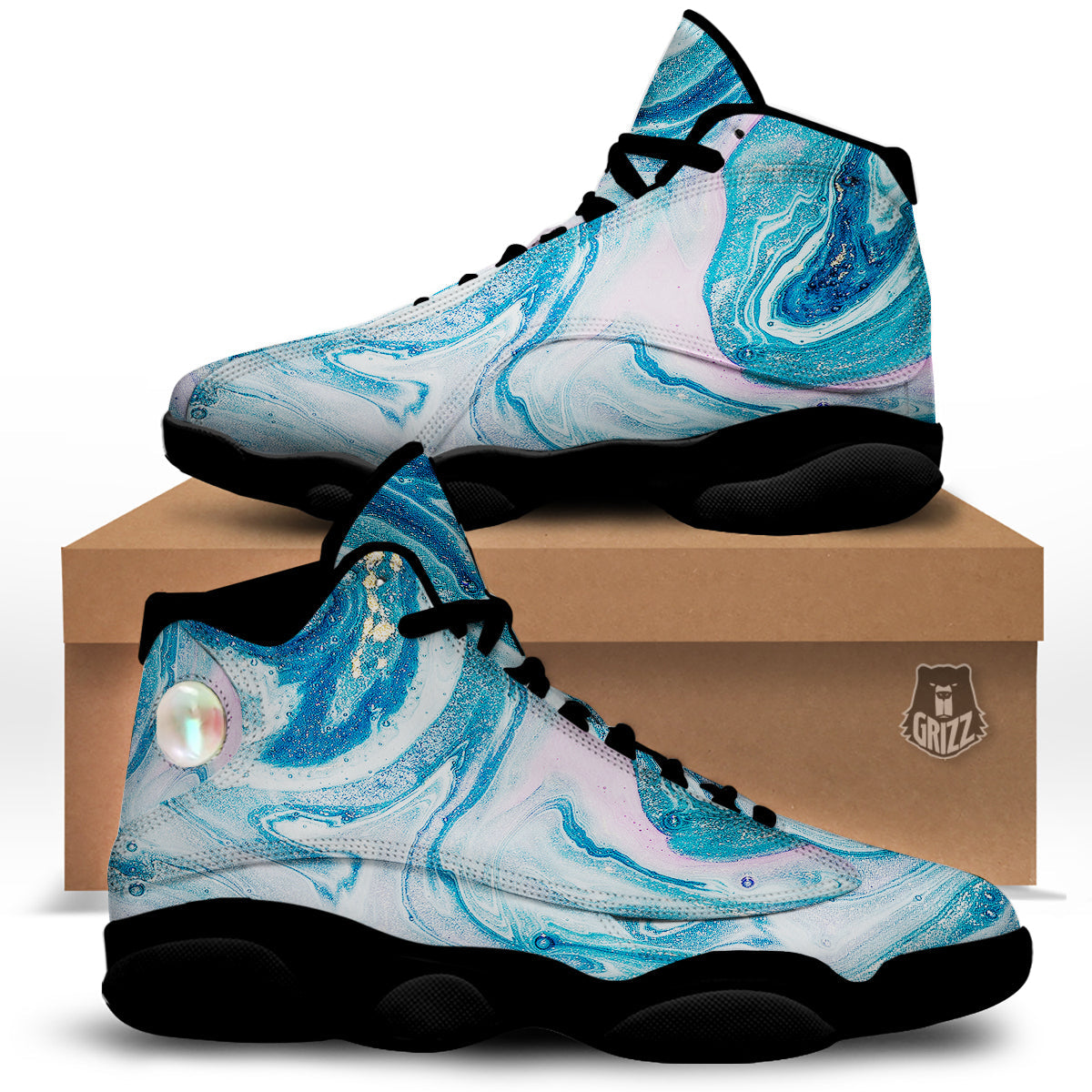 Abstract Ocean Marble Pink Blue Print Black Basketball Shoes-grizzshop