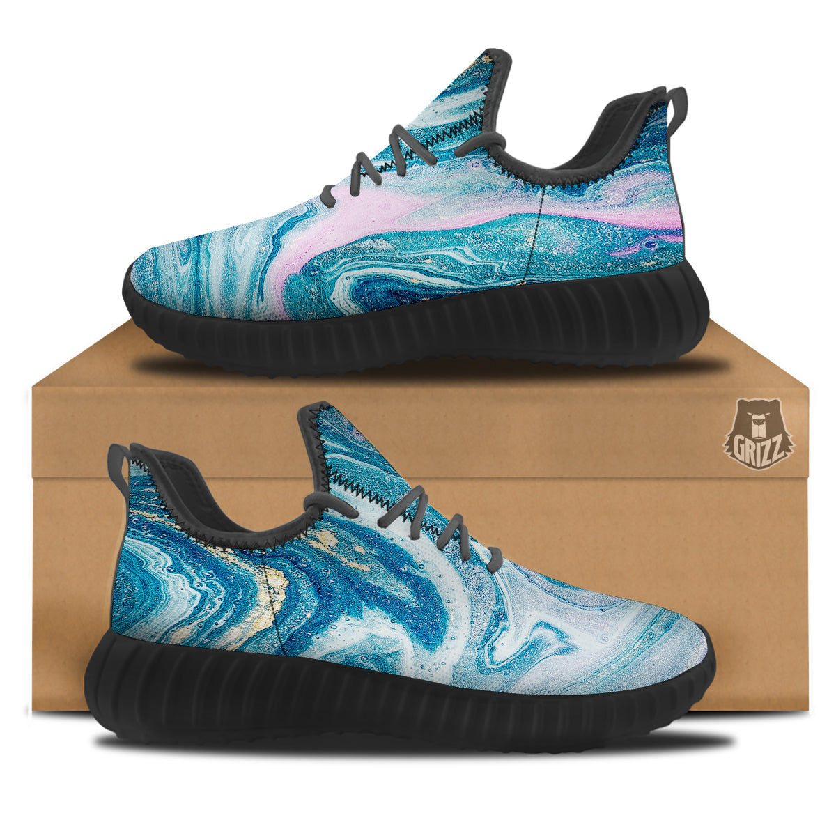 Abstract Ocean Marble Pink Blue Print Black Walking Shoes-grizzshop