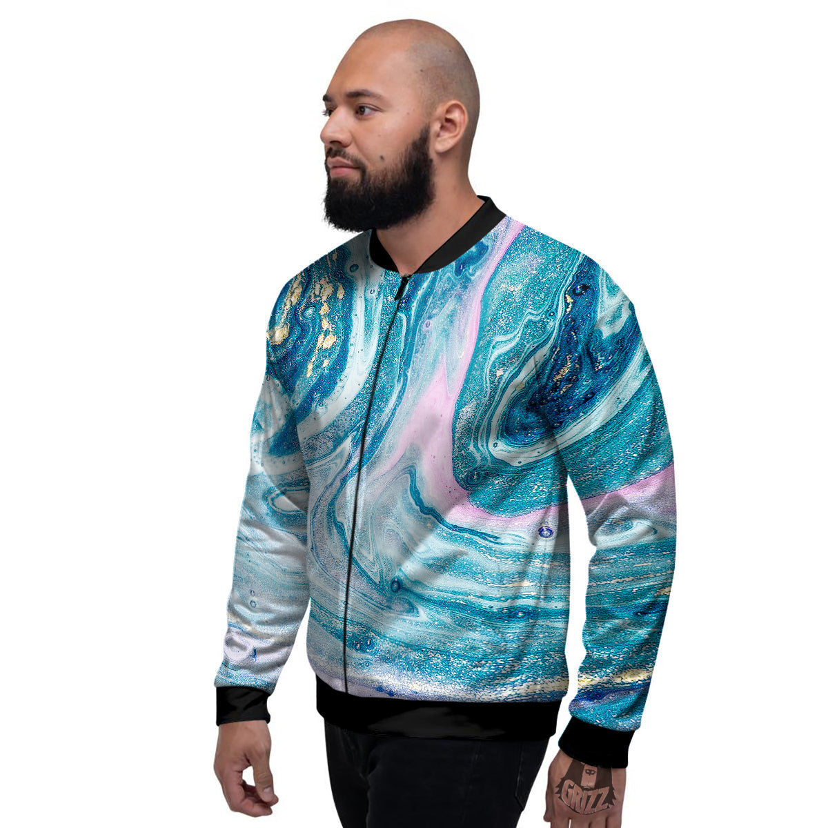 Abstract Ocean Marble Pink Blue Print Men's Bomber Jacket-grizzshop