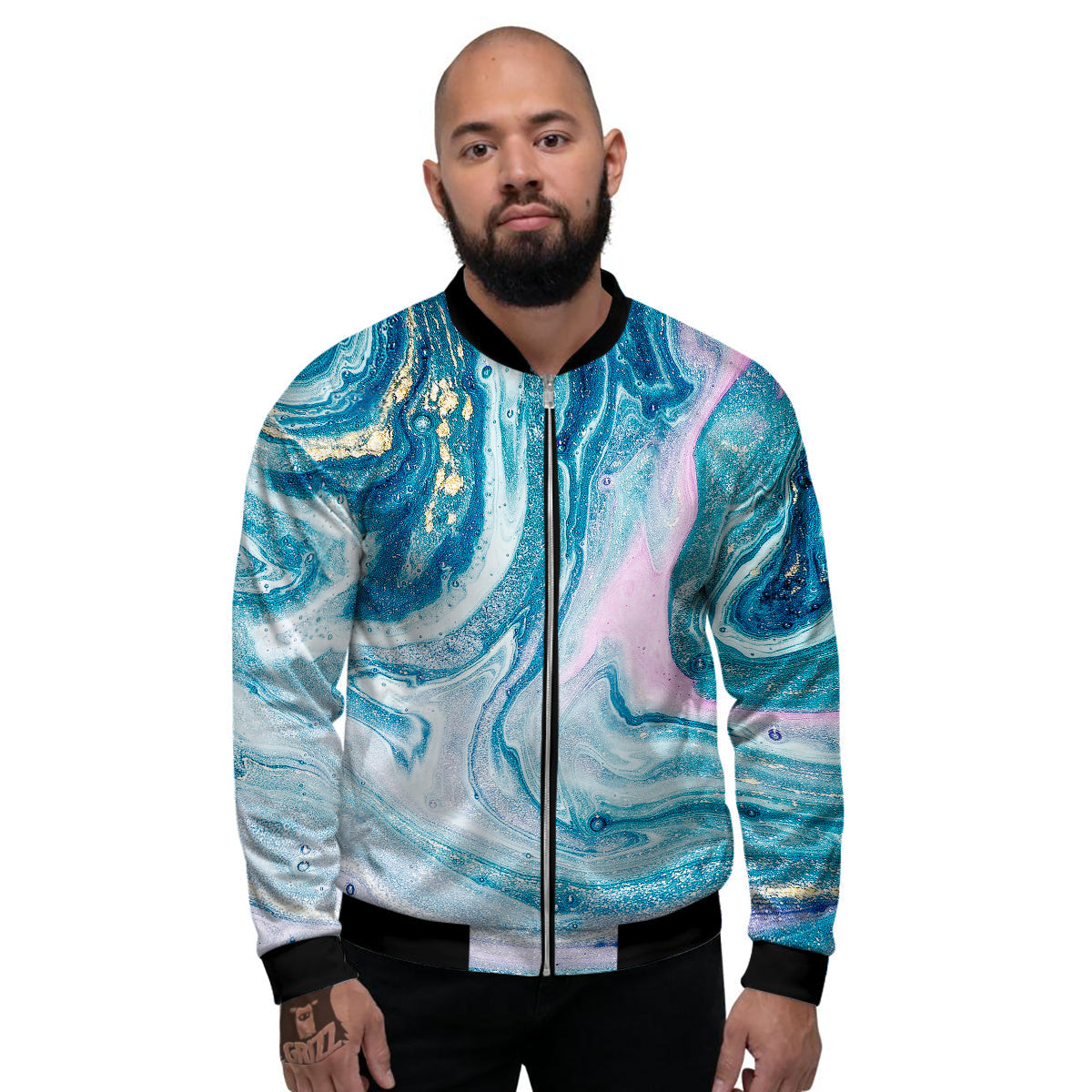 Abstract Ocean Marble Pink Blue Print Men's Bomber Jacket-grizzshop