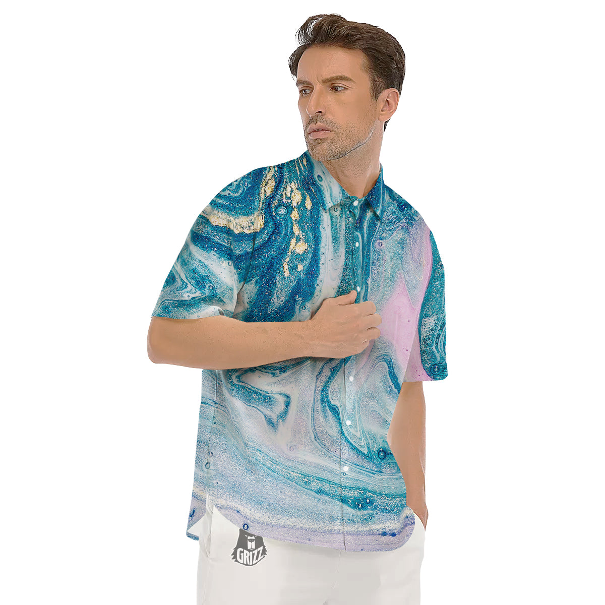 Abstract Ocean Marble Pink Blue Print Men's Short Sleeve Shirts-grizzshop