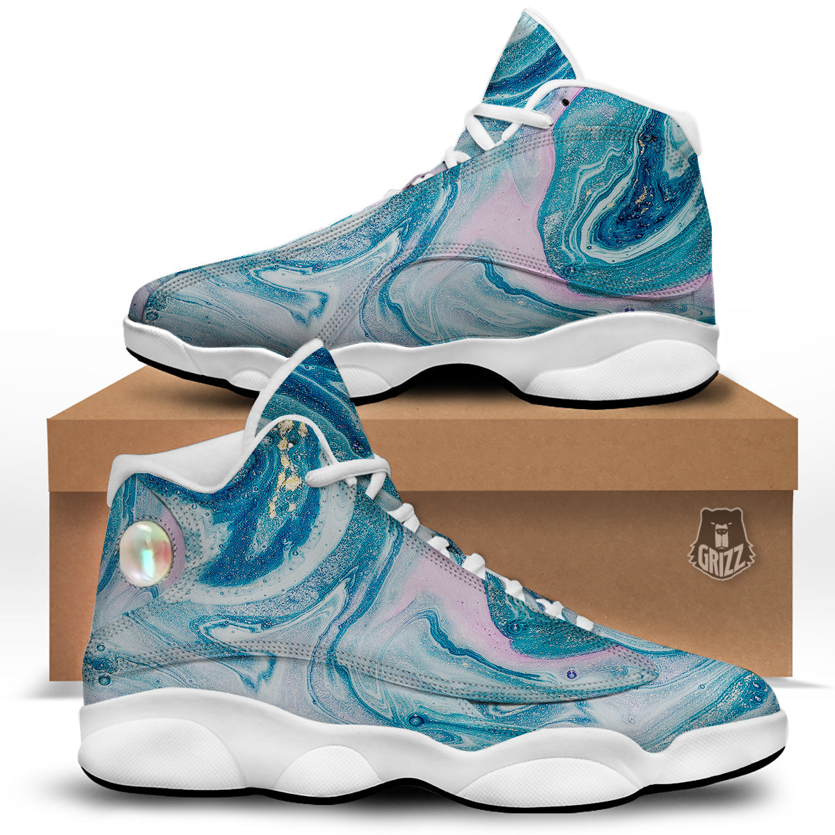 Abstract Ocean Marble Pink Blue Print White Basketball Shoes-grizzshop