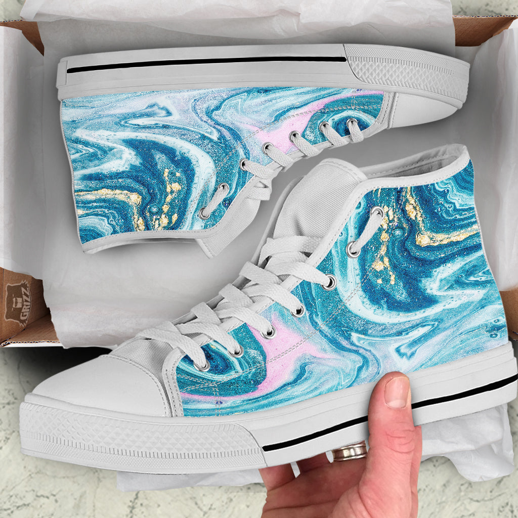 Abstract Ocean Marble Pink Blue Print White High Top Shoes-grizzshop