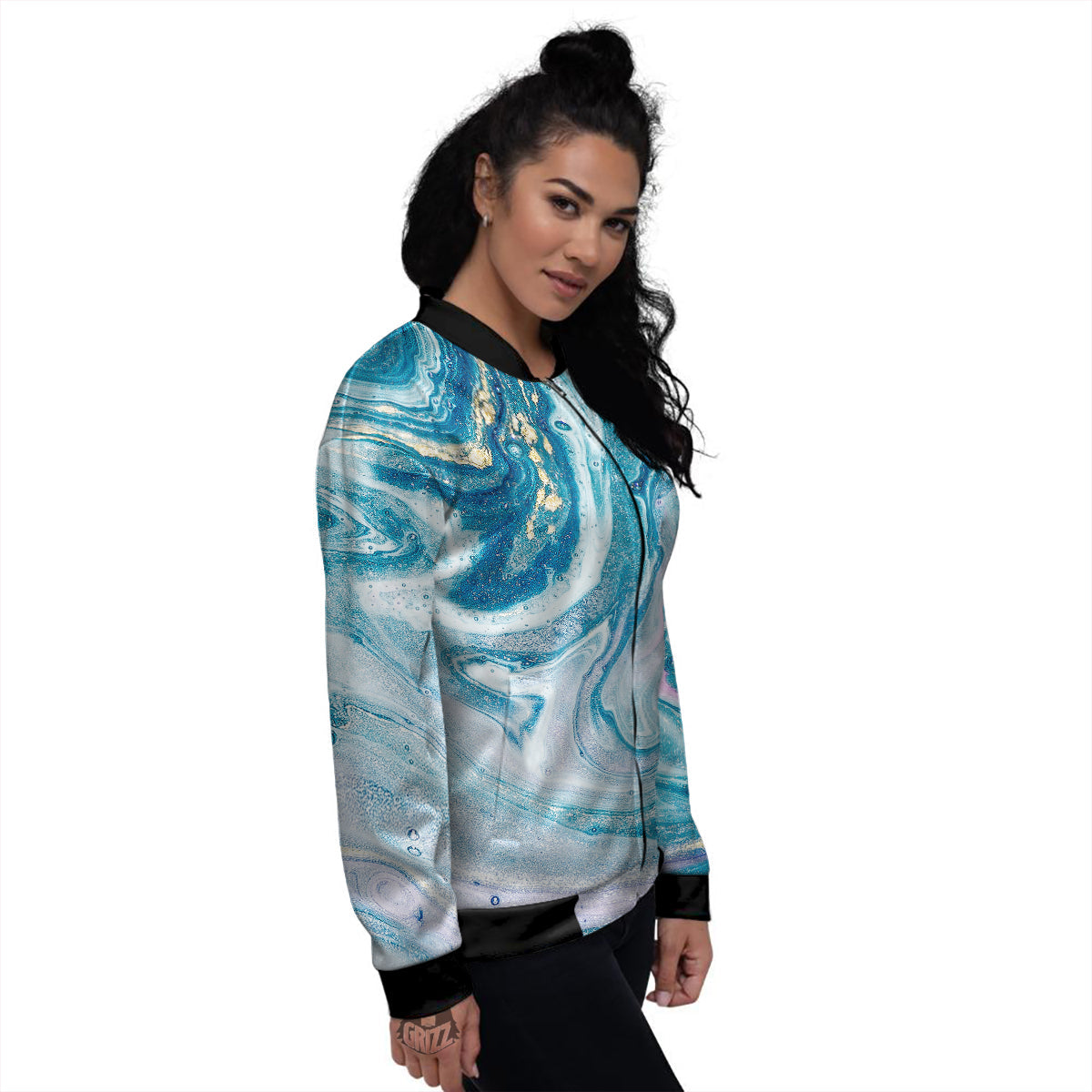 Abstract Ocean Marble Pink Blue Print Women's Bomber Jacket-grizzshop