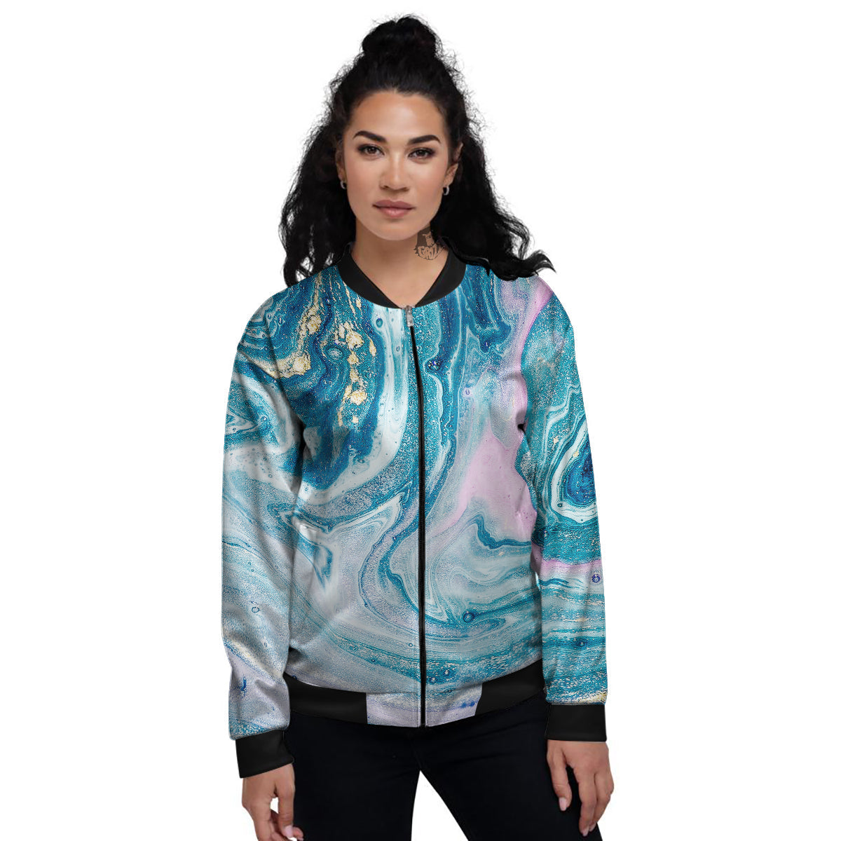 Abstract Ocean Marble Pink Blue Print Women's Bomber Jacket-grizzshop