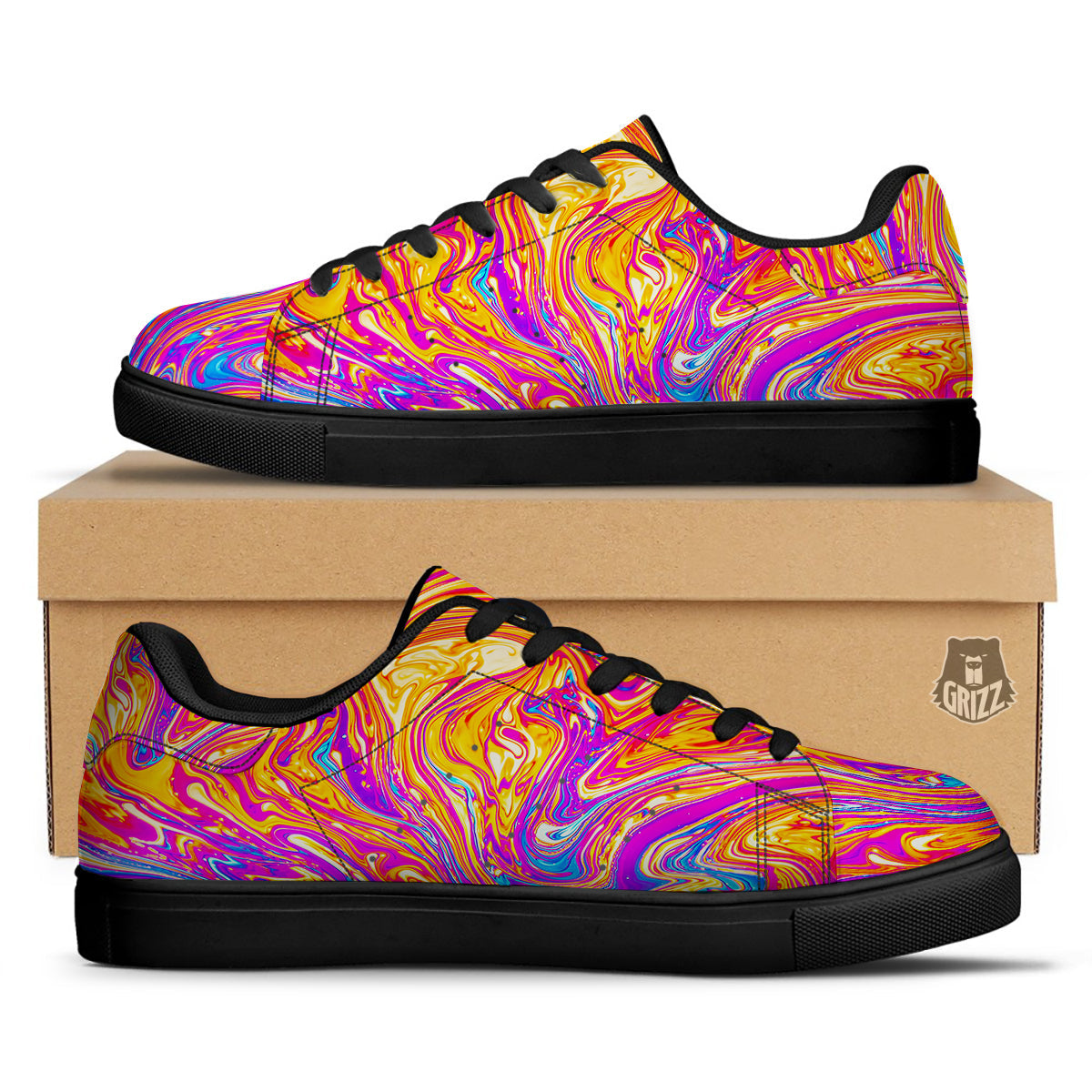 Abstract Orange Psychedelic Print Black Low Top Sneakers-grizzshop
