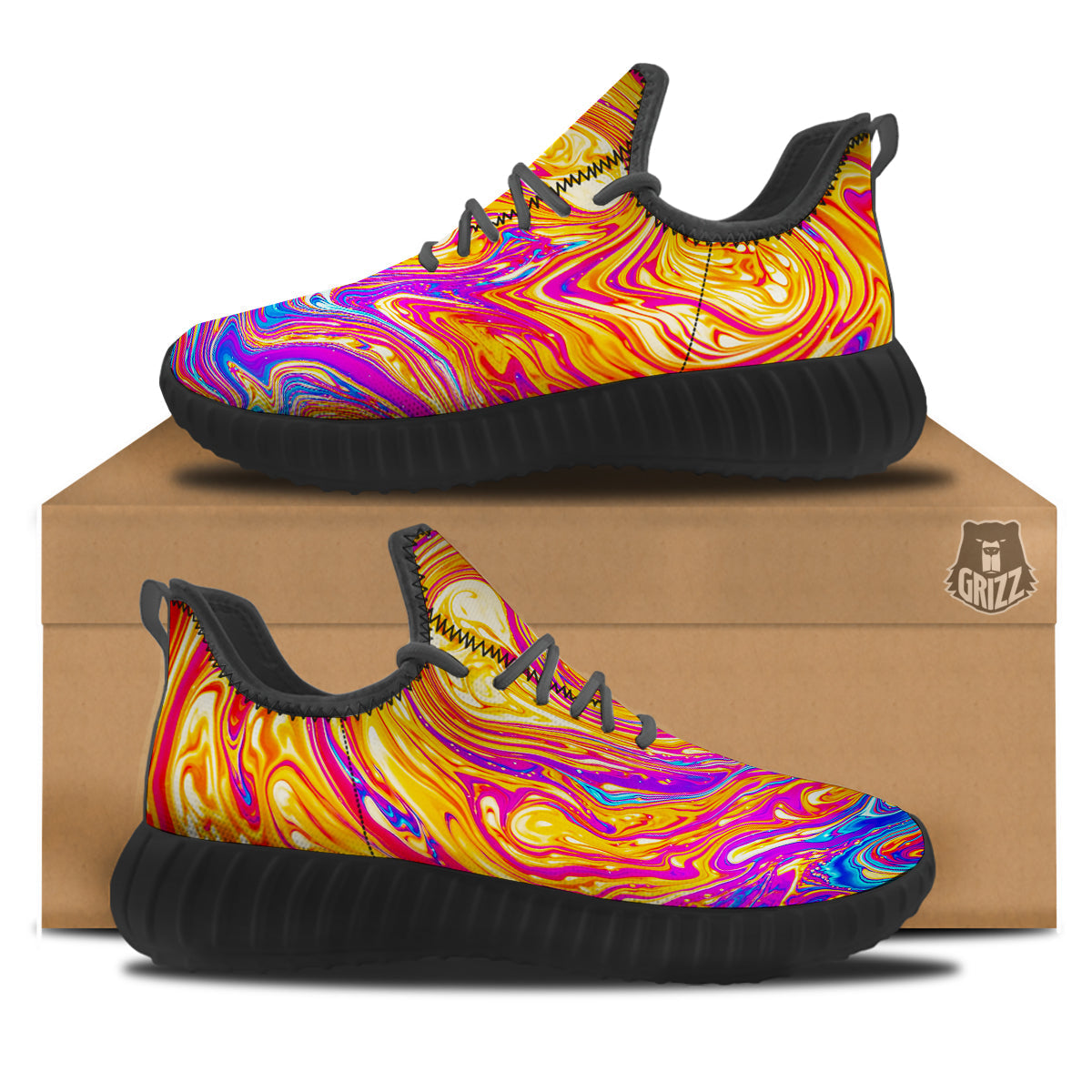 Abstract Orange Psychedelic Print Black Walking Shoes-grizzshop