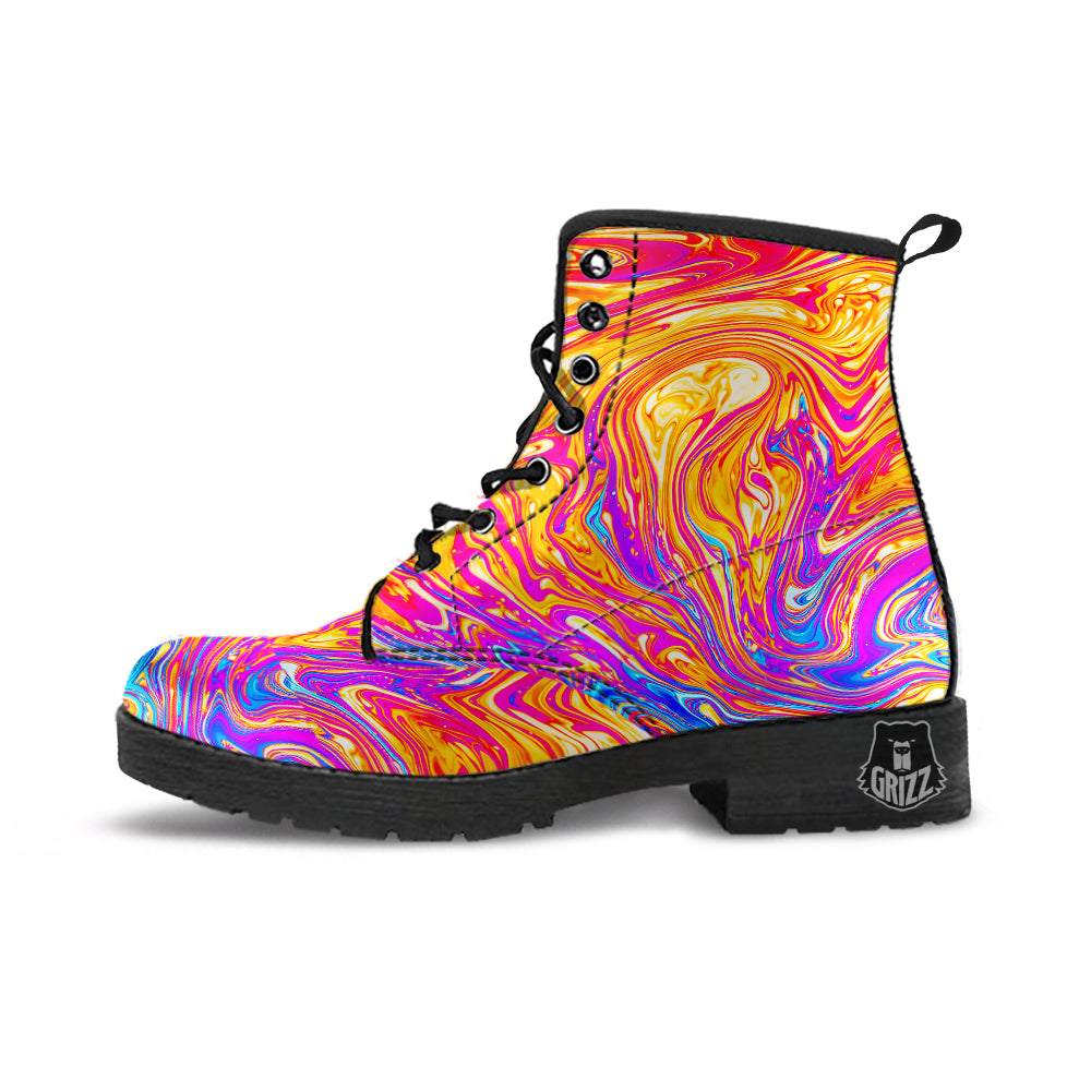 Abstract Orange Psychedelic Print Leather Boots-grizzshop