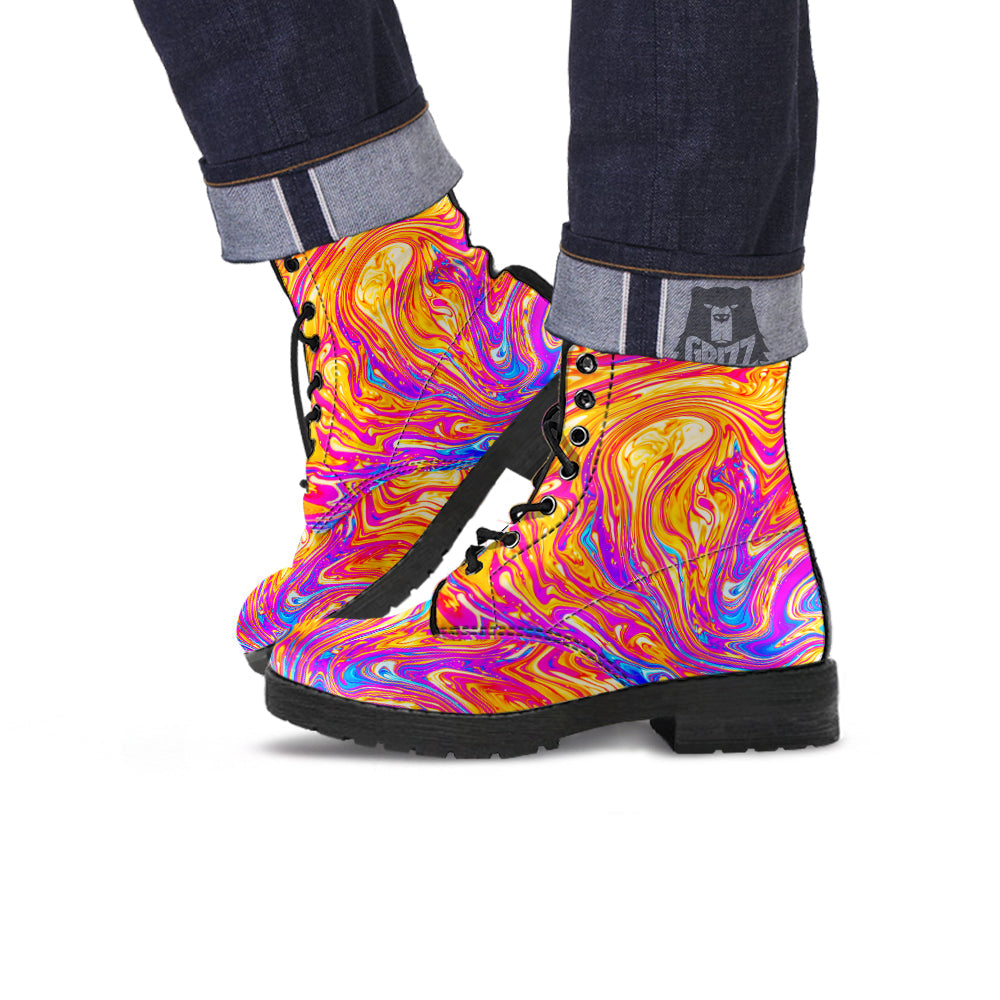 Abstract Orange Psychedelic Print Leather Boots-grizzshop