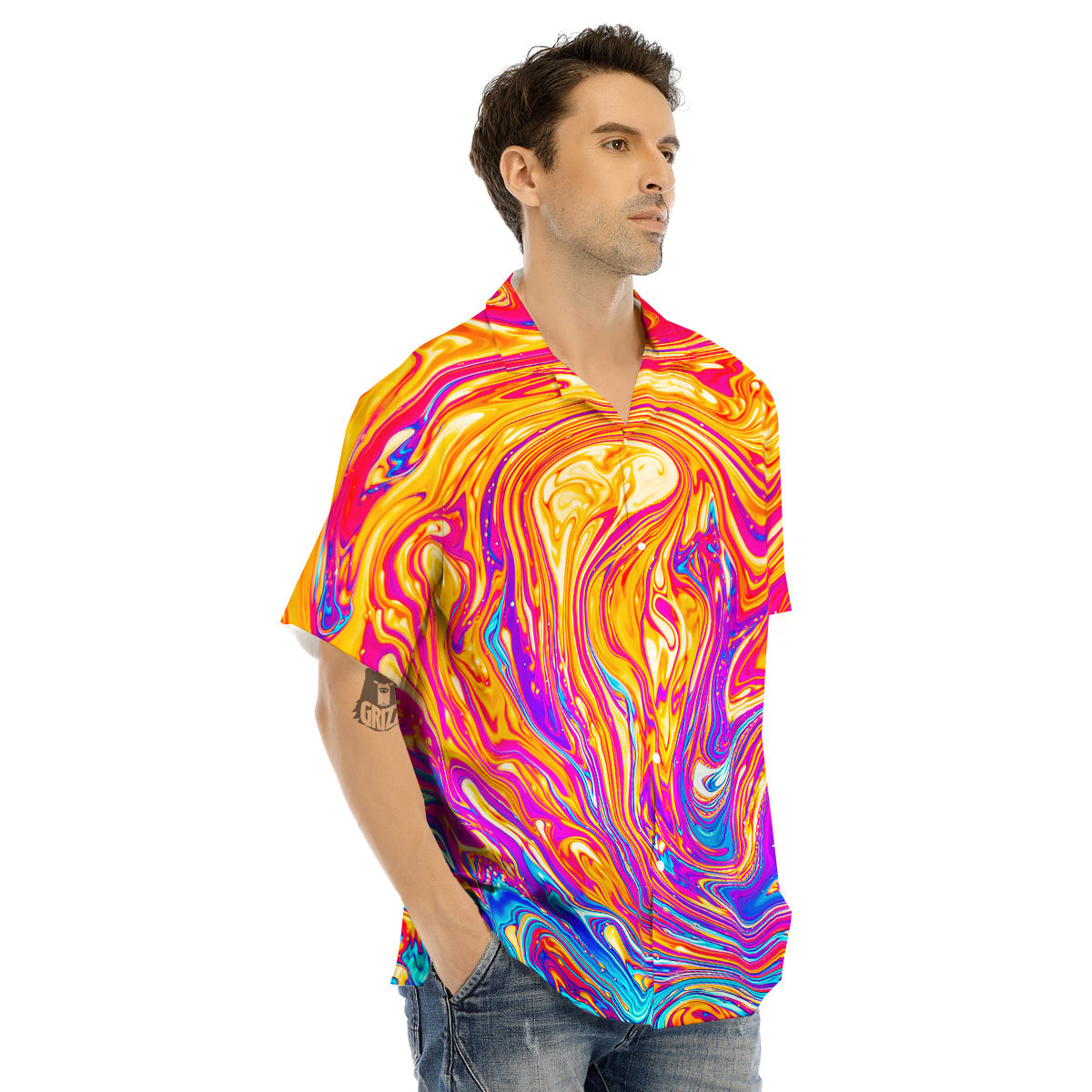 Abstract Orange Psychedelic Print Men's Hawaiian Shirt-grizzshop
