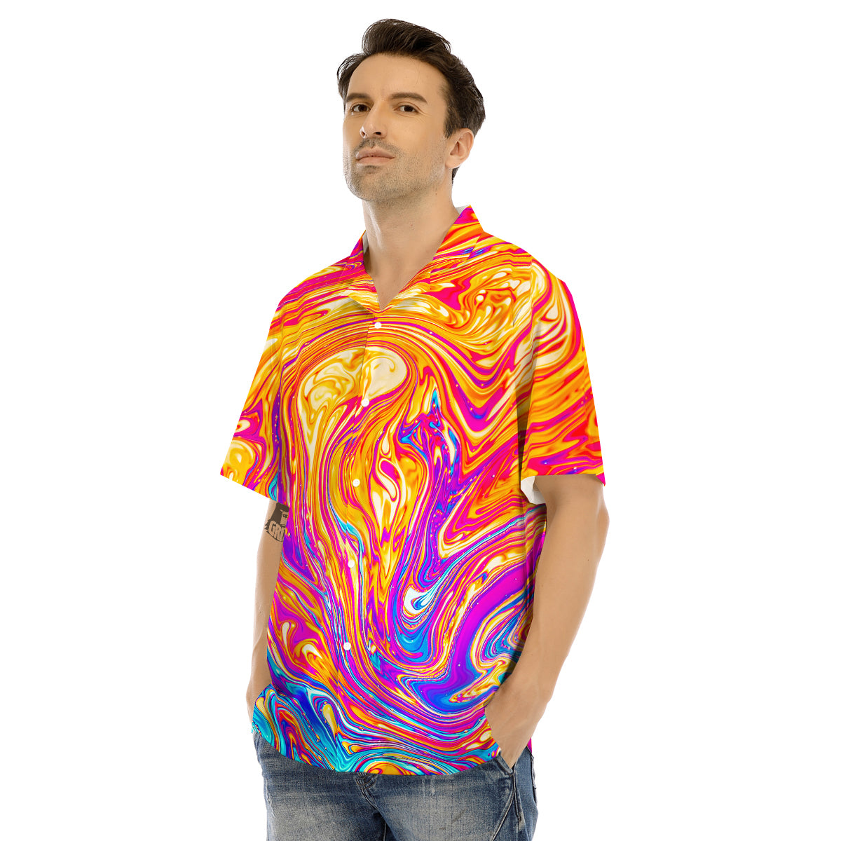 Abstract Orange Psychedelic Print Men's Hawaiian Shirt-grizzshop
