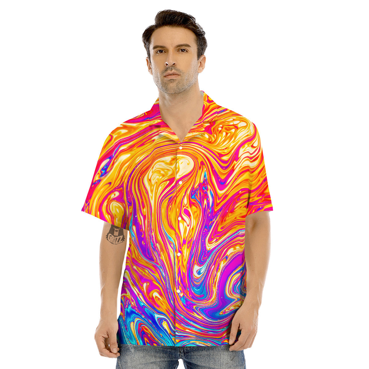 Abstract Orange Psychedelic Print Men's Hawaiian Shirt-grizzshop