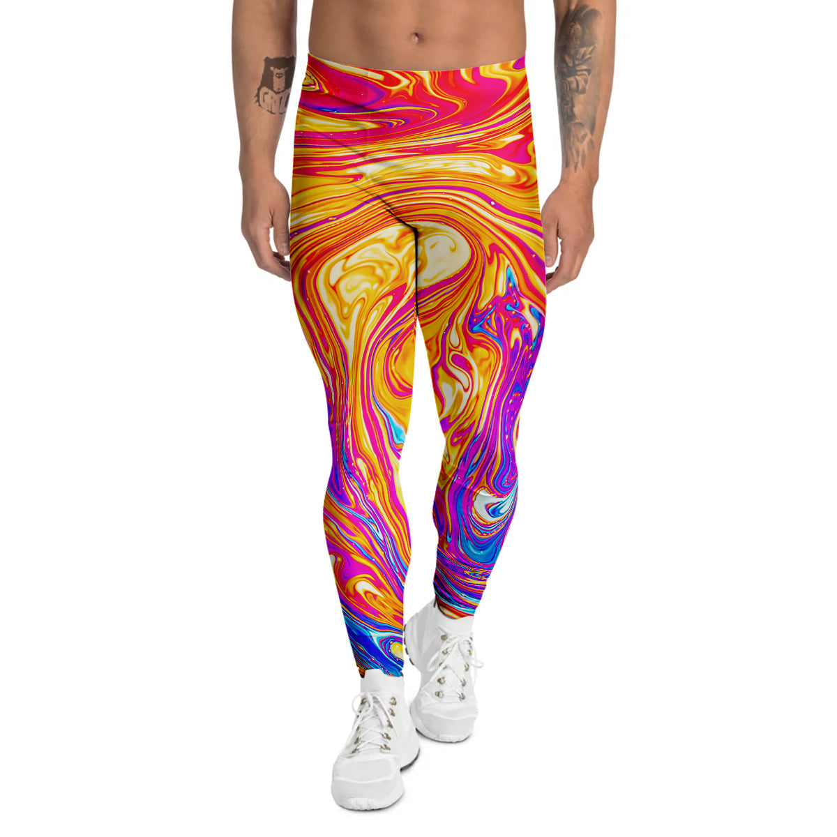 Abstract Orange Psychedelic Print Men's Leggings-grizzshop