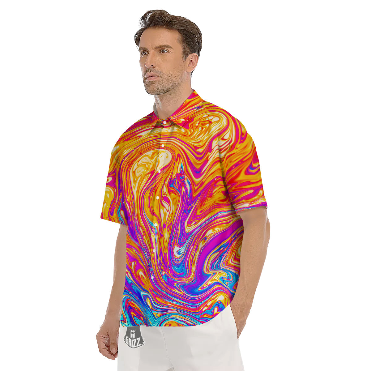 Abstract Orange Psychedelic Print Men's Short Sleeve Shirts-grizzshop